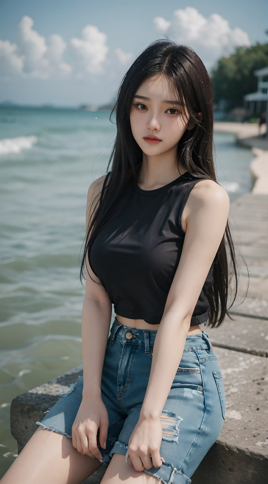 （realistic lighting， high resolution;：1.3）， 1 girl with a perfect body， super fine face and eyes，Long black hair， red Tank top， shorts， on a pier， tits huge，Cleavage exposure，（Eurasian jav：1.5）， full body shot， masterpiece， best quality， Raw-Photo， realistic lighting， detailed face， Unbelievably ridiculous resolution， depth of fields， high resolution;， ultra - detailed， fine detail， very very detailed， extremely detailed eyes and face， sharp pupils， Realistic student， Clear Focus Lock， cinematic lightings, 