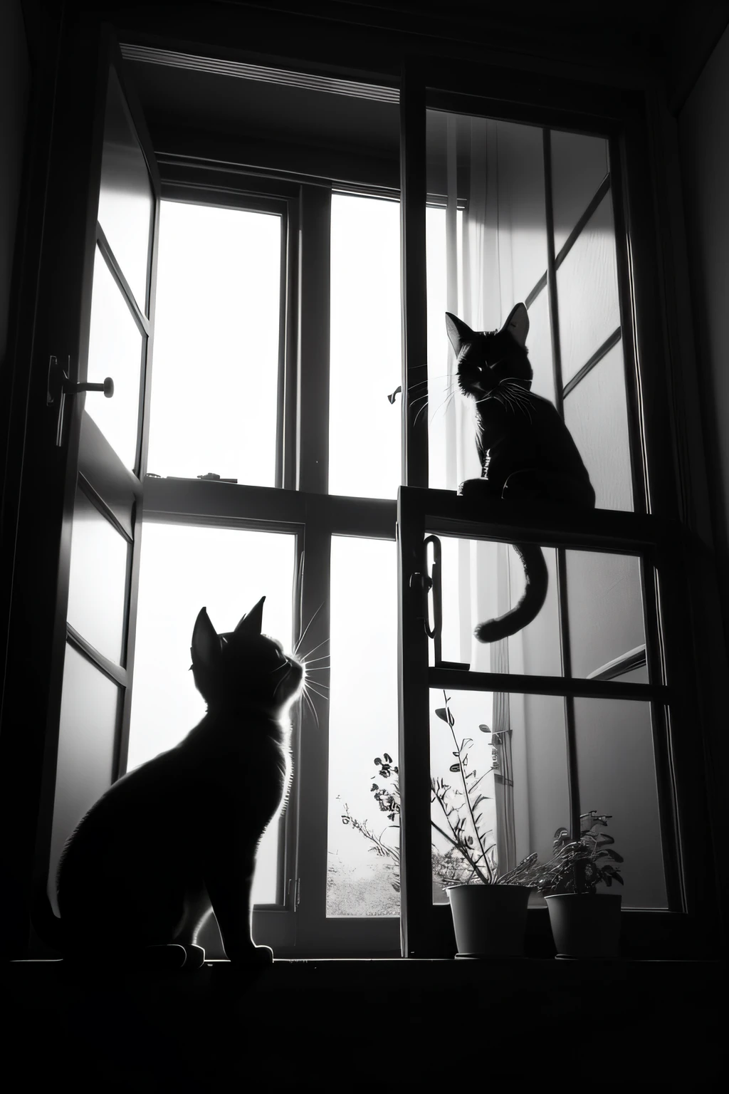 black-and-white、window、Cat silhouette