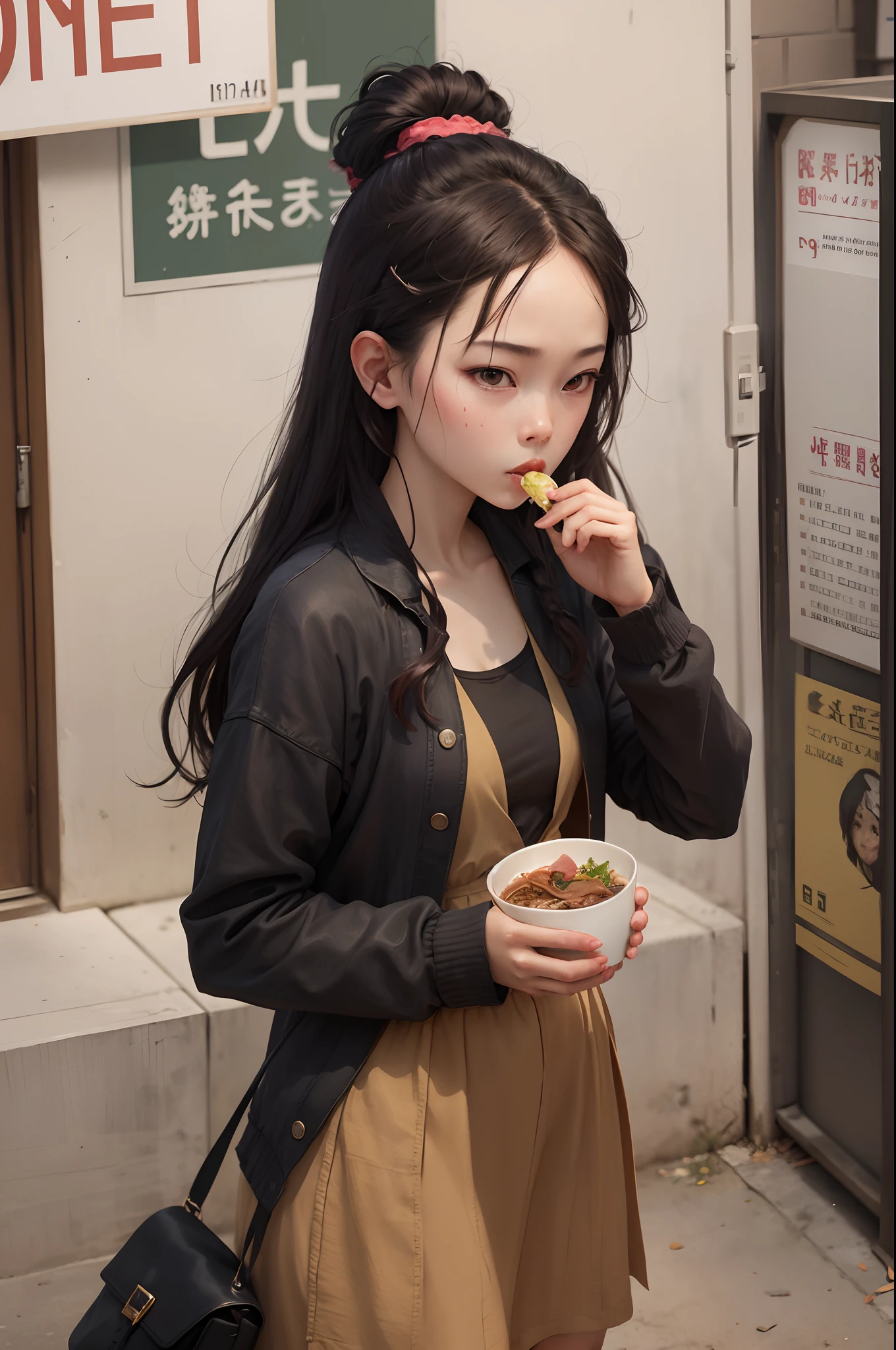 A girl who is eating,There is a sign next to it that says Wang Huiping