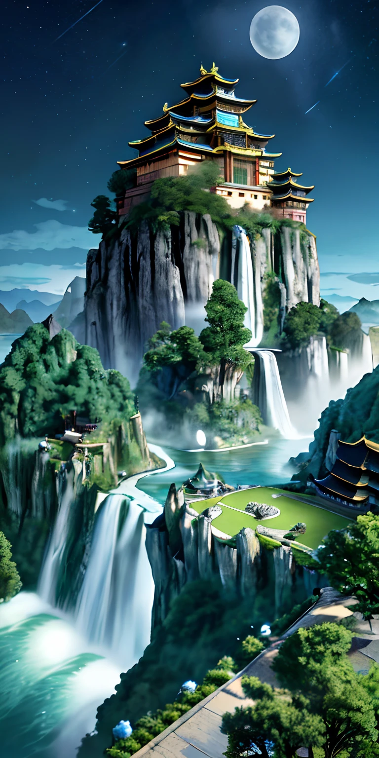 The moonlight sky,Starlight twinkles,Ancient trees on high mountains,The palace is located next to the cliff,The Great Falls cascade down,The great river flows calmly into the distance,The banks are full of green grass and trees