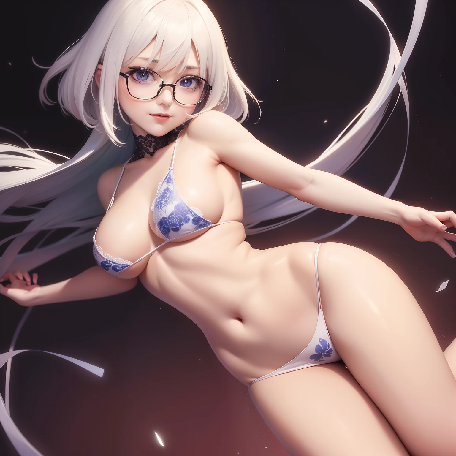 high image, super detail, high resolution, anime, manga, illustration, intelligent beauty, glasses, laugh like a prankster, happy, shy, adult face, make up, ecstatic expression, amorous expression, seductive look, flowing layered messy white glossy medium short hair, speed line, sparkling blue big eyes, alluring moist red lips, lace thong micro bikini, skimpy bottom, medium breasts, under boob, side boob, great proportion, perfect proportions, slender, full body, armpit