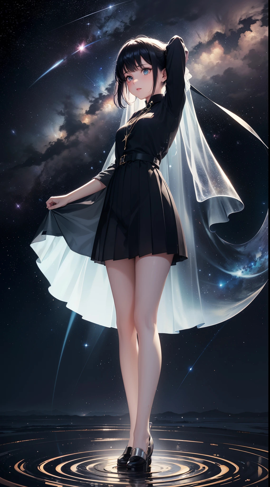 a girl,cowboy shot,The girl gazing at the starry sky,Looking up at the starry sky,ripple,wave,(Wet pleated see through clothes),with long hair and a sad look on her face,with bubbles floating around her head and a full - length black and white photo of her face,remodernism,arms behind head,cross legs,aqua eyes,Aya Goda,synthwave style girl in tokyo japan,horizon,the earth surface,Polar regions,canyons,Gaseous nebula,mirage,fairyland,light particles,twintails,short hair,messy hair,(milky way,many shiny stars,starry sky,stars,moon,starry sky,nebula,black hole,tornado,vortex,night,night sky:1.25),planet,reflection,ripples,shooting star,sky,skyline,skyscraper,snowing,sunlight,cloud,steam,best light,full light,