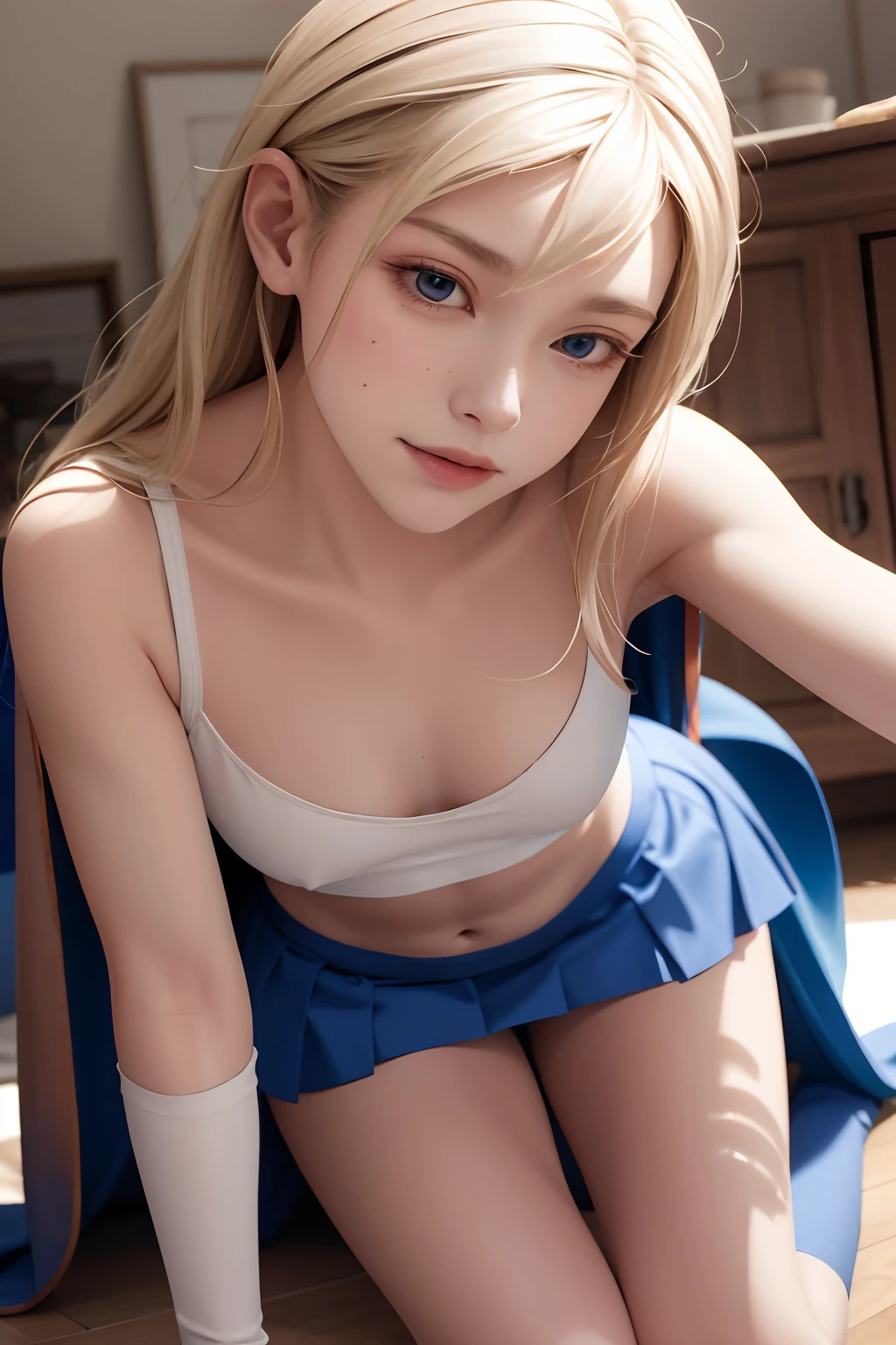 8k, real picture, intricate details, ultra-detailed,(photorealistic), 
Supergirl, long blonde hair, midair, flying hairband, \(white\) crop top, short sleeves, cape, blue pencil skirt, gloves, boots BREAK 
detailed (wrinkles, folds!, viens, skin imperfections:0.1),
finely detailed beautiful eyes, close-up, small eyes, look at viewer,