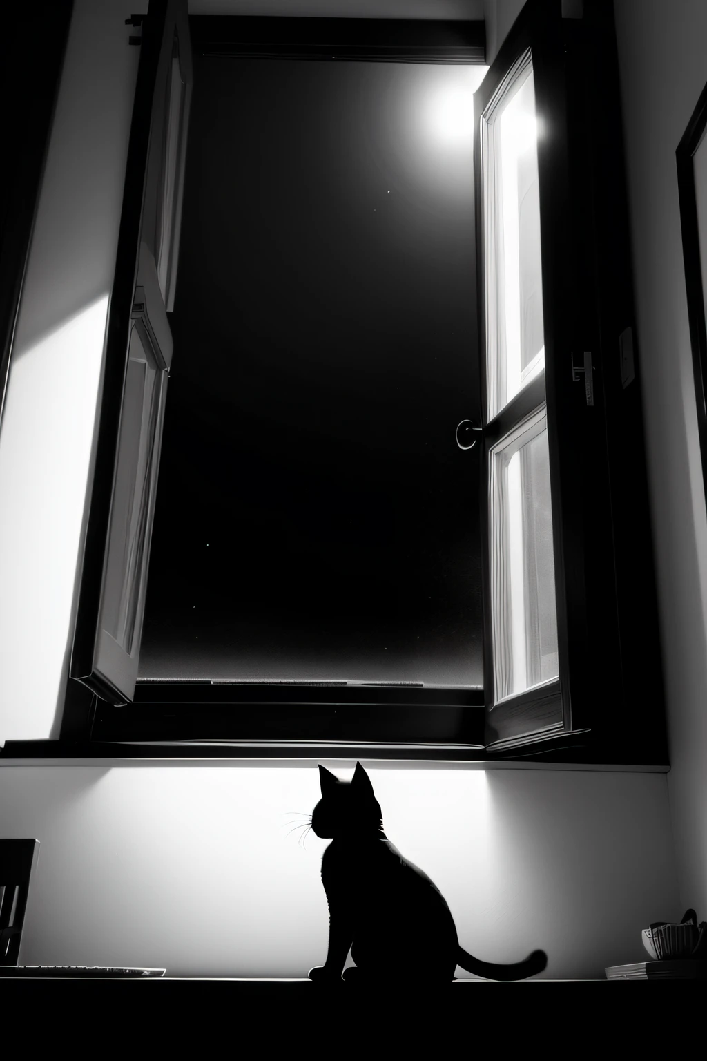 black-and-white、window、natta、Cat silhouette