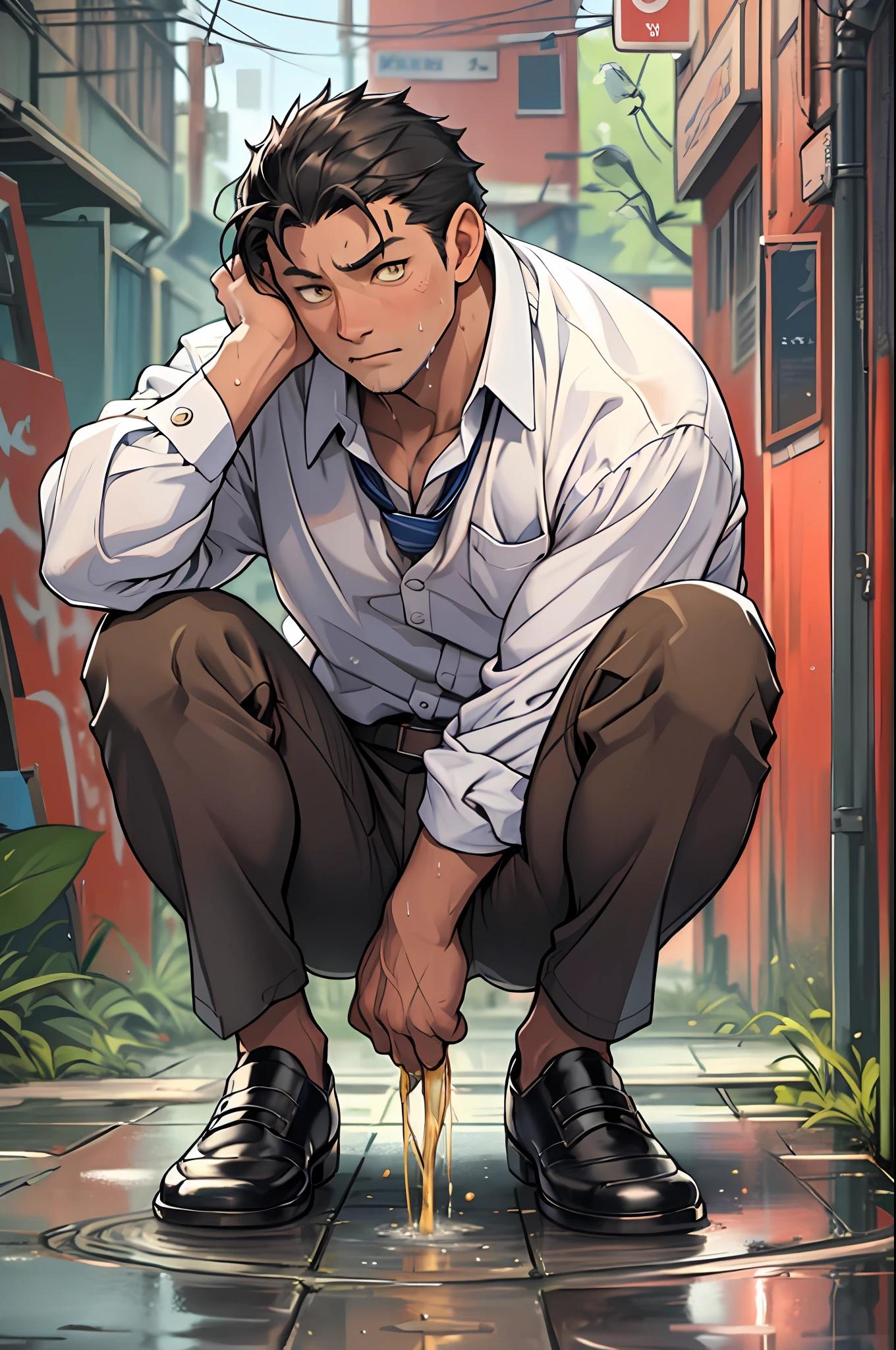 A3R1, Hector Fey ,Multi-view upper body, Suit pants view,legs separated,A3R1,pissing,Pee yourself,His own urine ran down his thighs,perfect male figure, Aerith Gainsborough ,The suit pants are wet,Urine runs down the leg of the trouser,Yellow eyes,sit astride,legs separated,Can't hold back urine,wants to pee,Wear a tie,wearing leather belt,Long Sleeve White Shirt,(The shirt is soaked),Black hair short hair,perspire,Black suit trousers,dress shoes,Nervously bow your head,is shy,embarressed,exhilarated,is shocked,panicking,worry,exteriors,On dry ground, A small puddle of his own urine formed around his feet,legs are open,Very eager to pee,Unbearable,Can't help but pee,Urine flows from the crotch to the legs,Incontinence,It's uncomfortable,Very anxious,Sweat runs from the crotch,Wet yourself,urinating,high detal,hentail realism,ultra-realistic realism,three sided view, A masterpiece of careful planning,A high resolution, hyper HD ,anatomy correct,super detailing,best qualtiy,A high resolution,8K