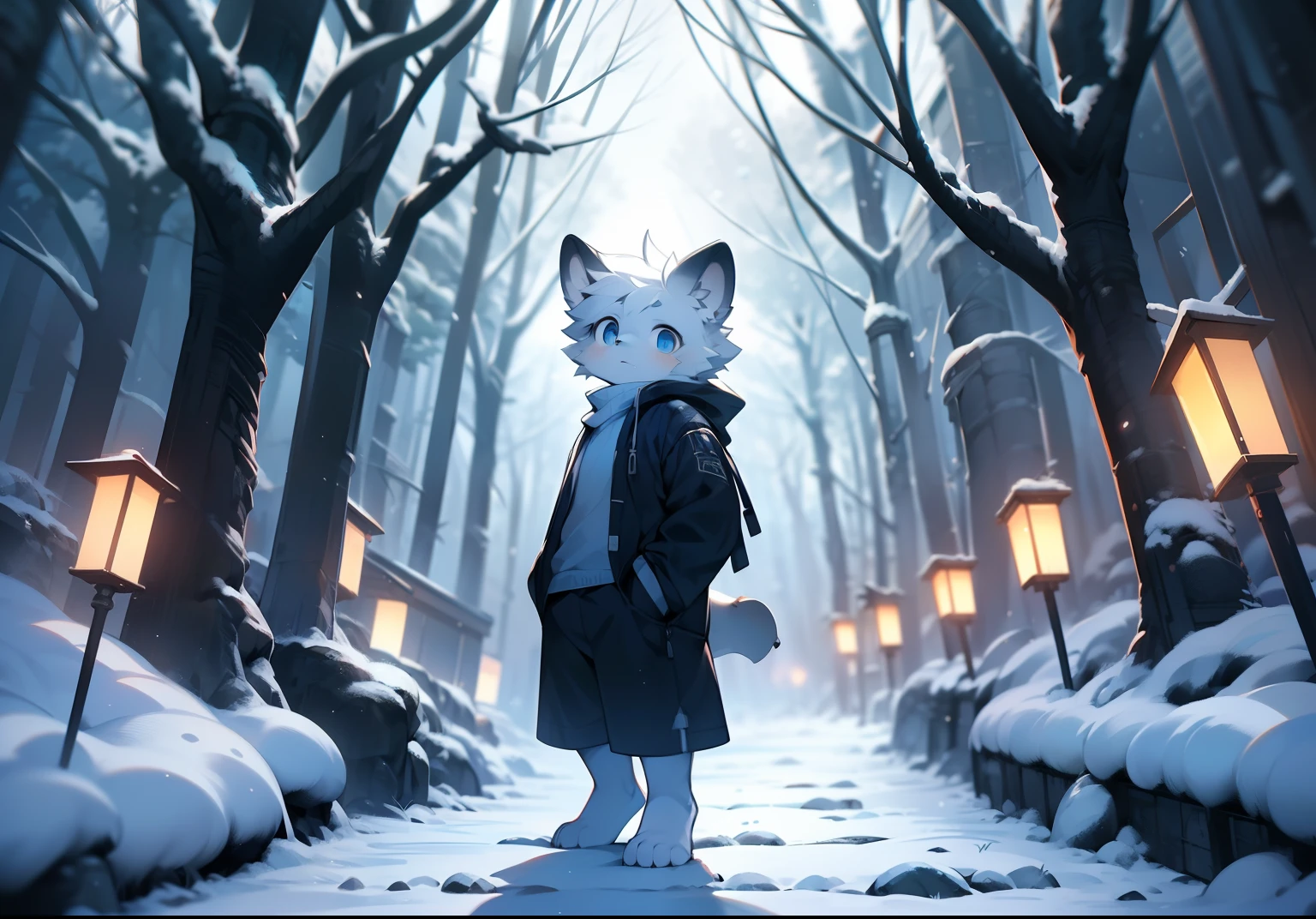 Libido boy,furry wolf,((Shota)), Black and white hair, Very good figure, Handsome,adolable, Light:Dark,glowworm,the night,No light ,nigth,,Reflective skin,Reddish skin,((worn-out clothing,Commoner)) ,((Deep in the forest,snow landscape,Stone path,Signs,独奏,solo person)),exteriors,((the detail)),(depth of fields),standing on your feet