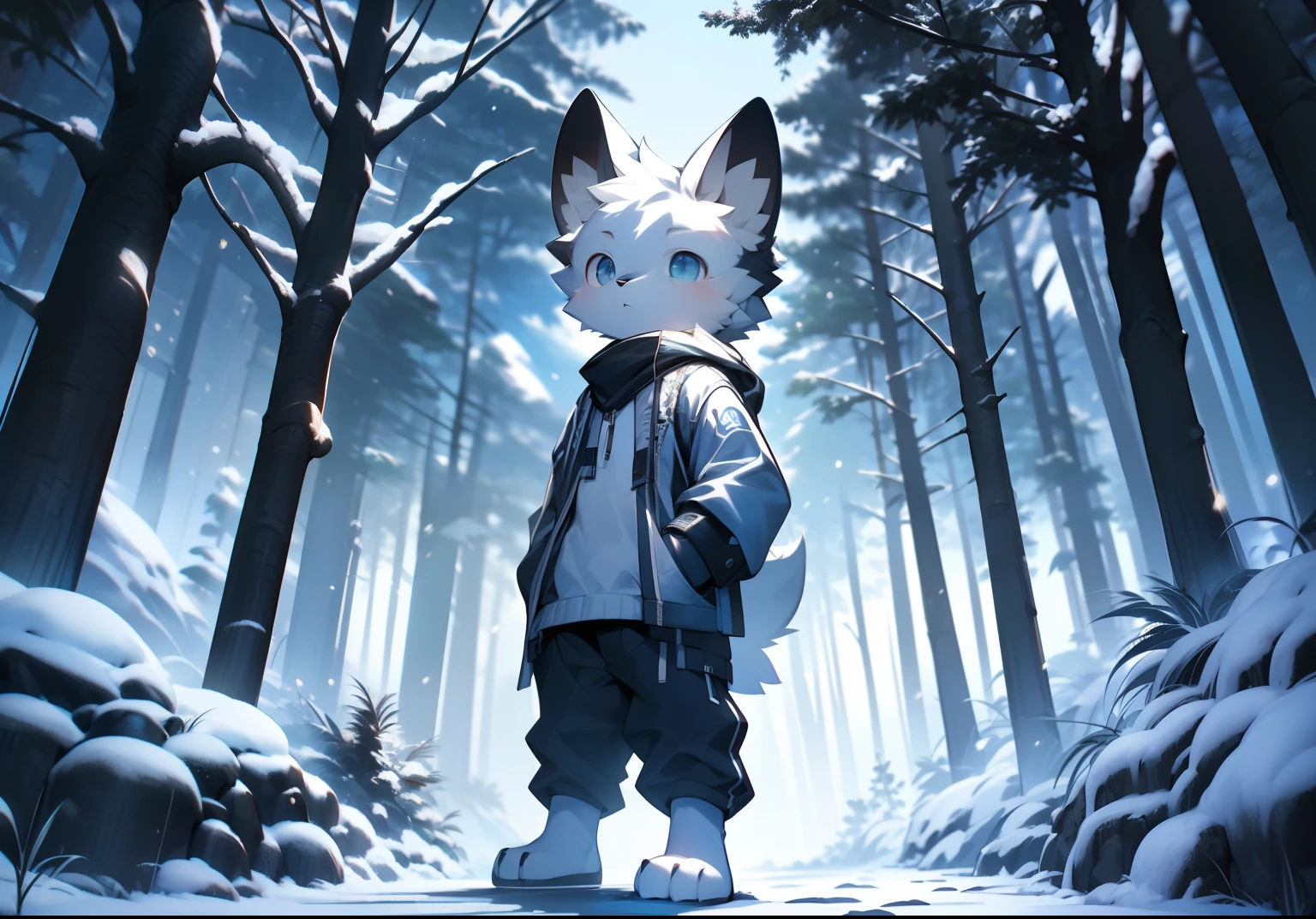 Libido boy,furry wolf,((Shota)), Black and white hair, Very good figure, Handsome,adolable, Light:Dark,glowworm,the night,No light ,nigth,,Reflective skin,Reddish skin,((worn-out clothing,Commoner)) ,((Deep in the forest,snow landscape,Stone path,Signs,独奏,solo person)),exteriors,((the detail)),(depth of fields),standing on your feet