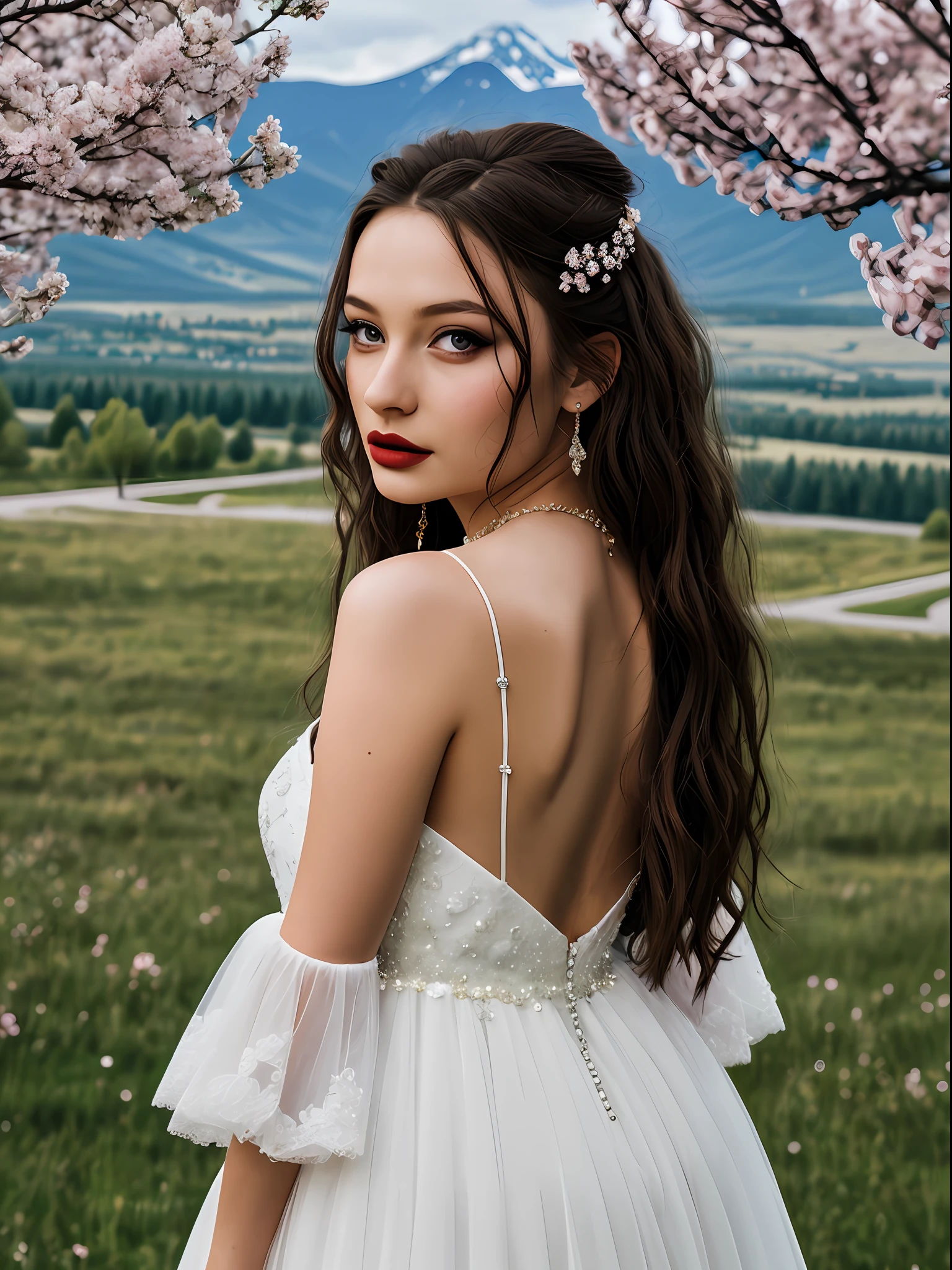 4K Ultra HD, Masterpiece, Cute little girl s, Nice face, Detailed Eyes, Liquid Lipstick, Long hair, Hair spreads, necklaces, beautiful dress, long dress, wedding dress, rouge, highlights, lighting effects, glittering, realistic background, Natural background, blossom, sunlights, mountains, Full-body capture, You can see the bridge, in the castle, view from behind