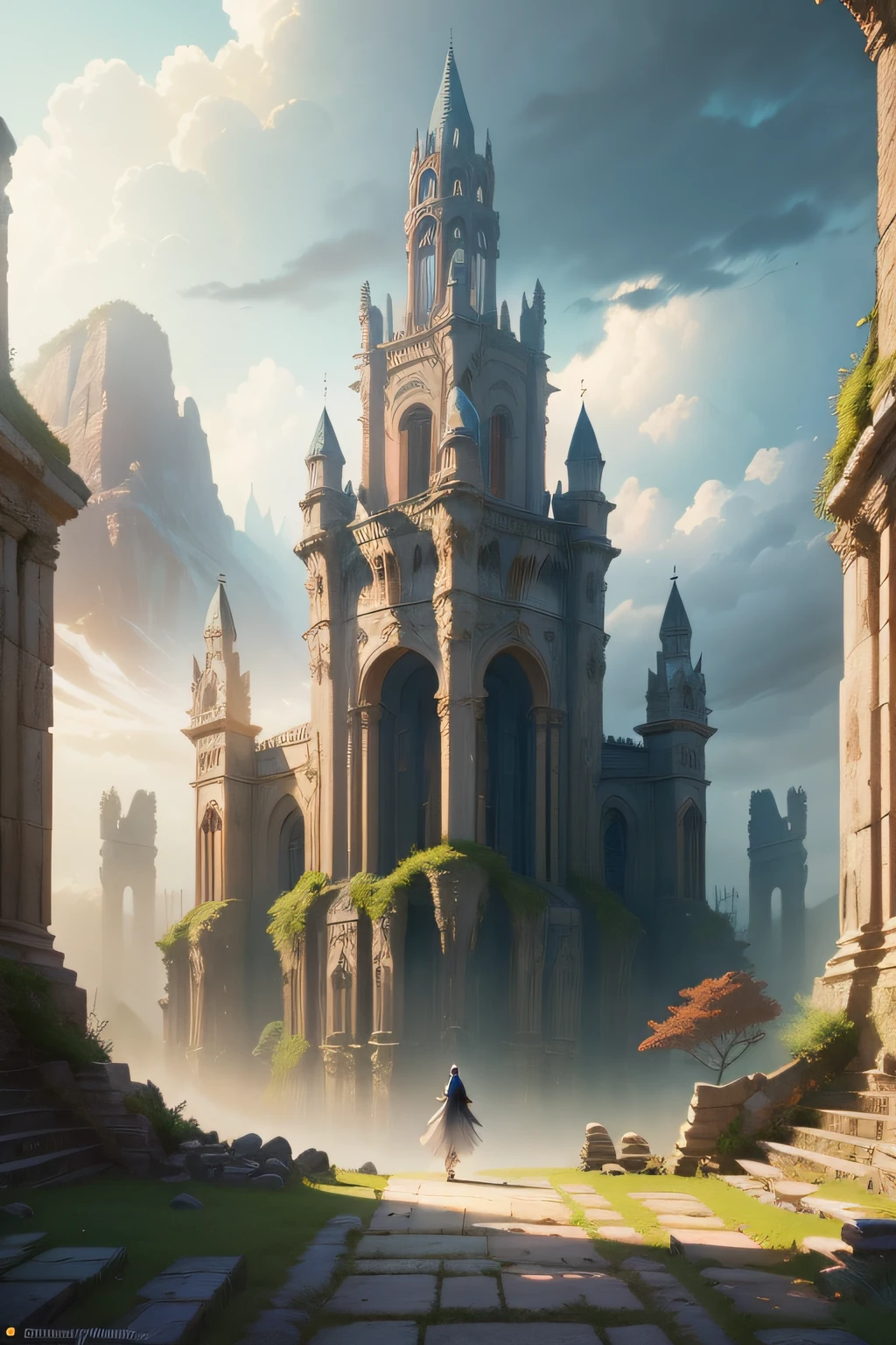 (by Greg Rutkowski: 1.2), (Masterpiece), (Best quality), Extremely delicate and beautiful, illustration, (Fantasy landscape), Enchanting atmosphere, Magical elements, Vibrant colors, Ethereal beauty, Huge structure, Majestic ancient ruins, Whimsical architecture, Dreamlike scenery, Depth of field, hdr, Intricate, Delicate