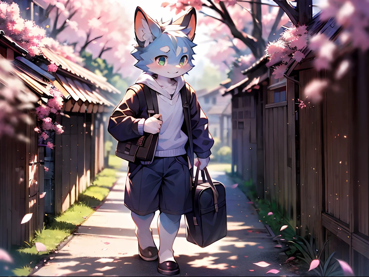 Top quality, Best quality, High-quality illustrations, Masterpiece, Super high resolution, Detailed background, Cherry blossom petals flutter,, Child carrying a school bag, Libido boy,Shota,solo person, absurderes(Highly detailed beautiful face and eyes)Perfect anatomy, expression, (Good lighting, cinematic shadow)(komono, furry anthro) Dynamic Angle,walk,Full body photo