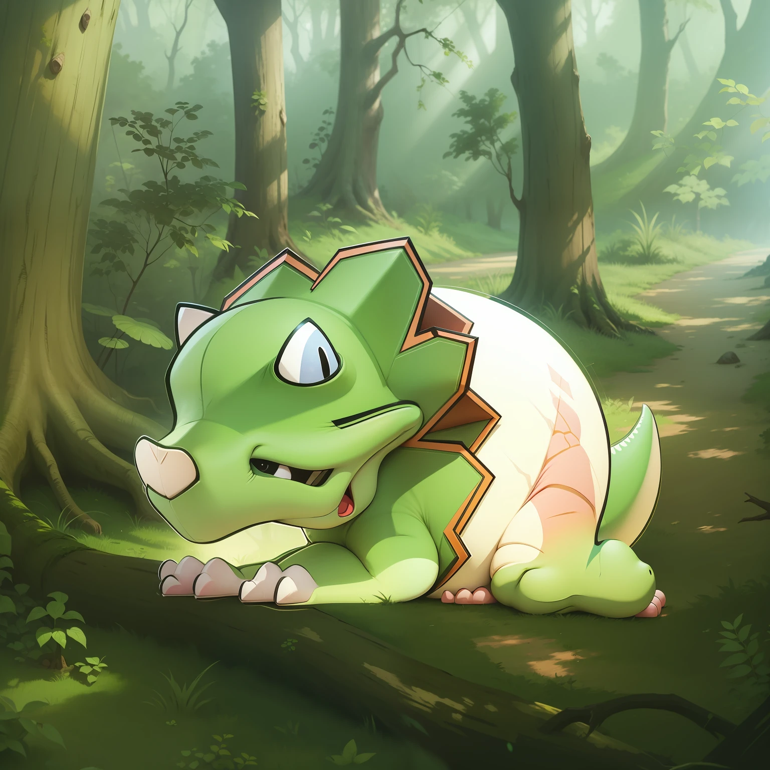 Cartoon dinosaur lying in the woods