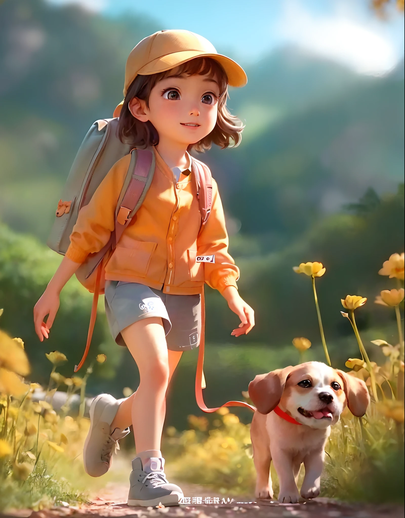 clew：A very handsome and cute  boy with a backpack on his back，With his cute puppy，Enjoy a lovely spring outing surrounded by beautiful yellow flowers and nature。The illustration is a high-definition illustration in 4K resolution，featuring highly detailed facial features and cartoon-style visuals。