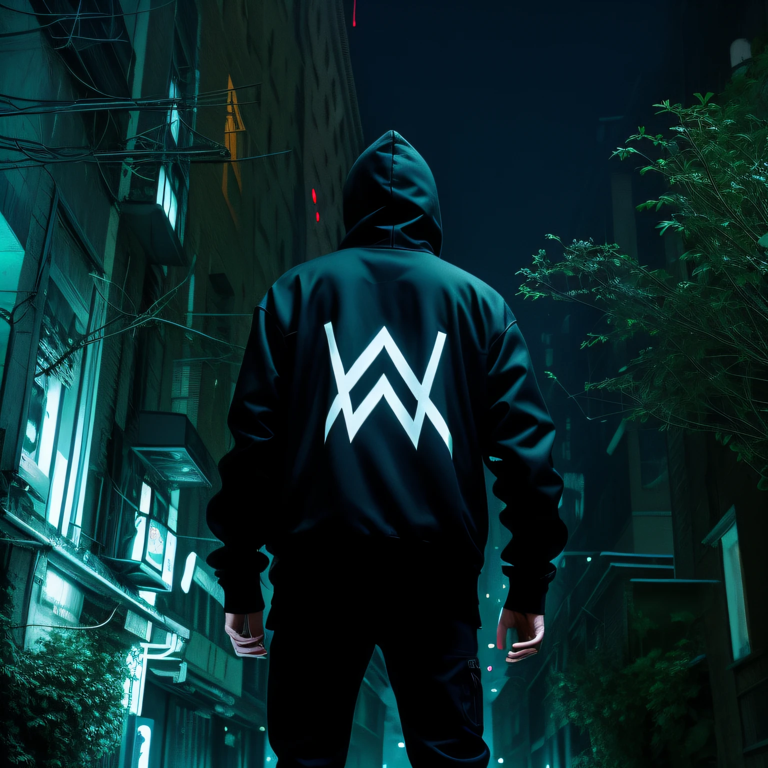 Arafede man in black jacket，It has a white logo on it, he is traversing a shadowy city, in a hood, in an alleyway during the purge, Observers, cyberpunk techwear, in a black hoodie, highly cinematic, wallpaper 4 k, Wallpaper 4k, wearing a hoody, standing in a dark alleyway, swagger