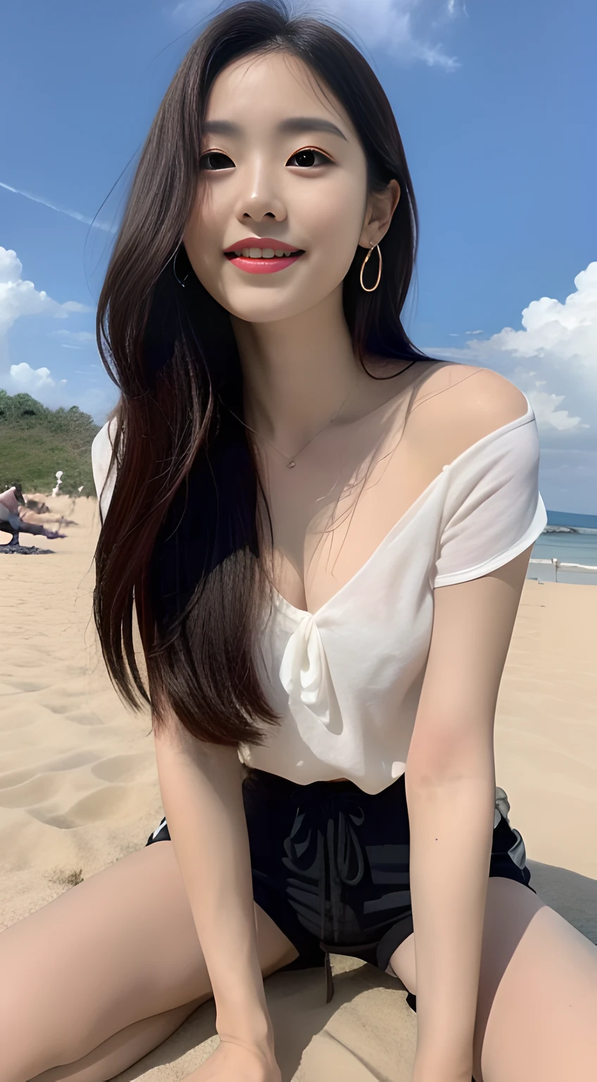((best qualtiy, A masterpiece in 16K quality:1.3)),a young, Beautiful and cute Korean actress,Full body photo,Extremely beautiful and delicate,Black color hair,Pouting and smiling,Delicate and beautiful fair skin,Realistic and realistic,exquisite and complete facial features,Detailed depiction of the face,tall nose bridge,Smooth hair,extremely detail hair,Feminine temperament,Tall and tall,Thin,Realiy,White teeth,Tied up with hair,Hyper-realism,sandals,full body shot shot,There are seagulls flying,Forward tilt angle,Extreme picture quality,Highest precision,Precise and perfect human anatomy。with blue sky and white clouds,with blue sky and white clouds,rays of sunshine,Chiffon tops,There are coconut trees(Chiffon shorts)(telephoto shot,)Express the landscape,Highlight portrait。Sitting on the beach by the sea。Wearing earrings