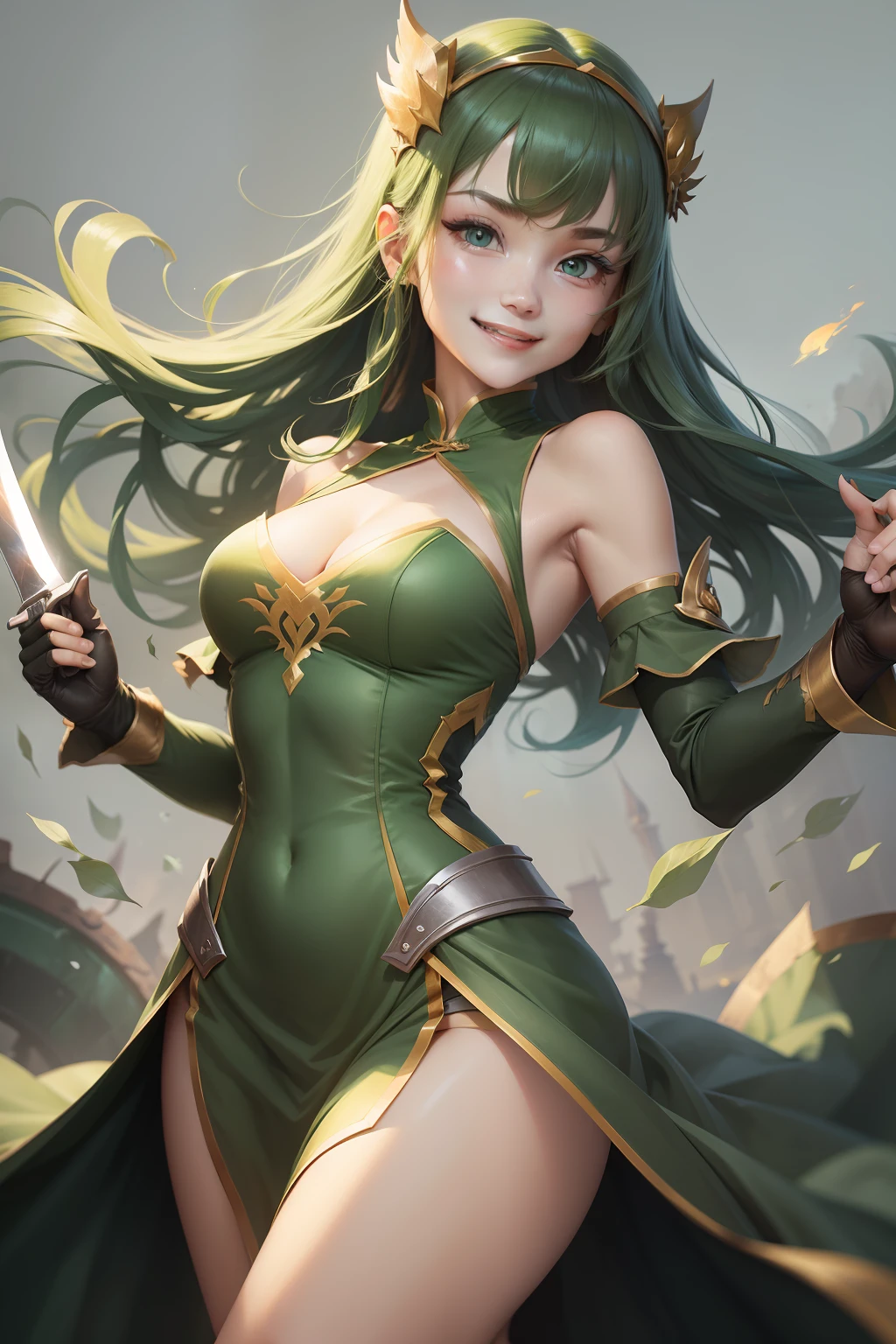 Cheerful smile, ember, The main body of the dress is greenish, Eyes resolute, The left hand rests on the large knife, The background is the fleet。