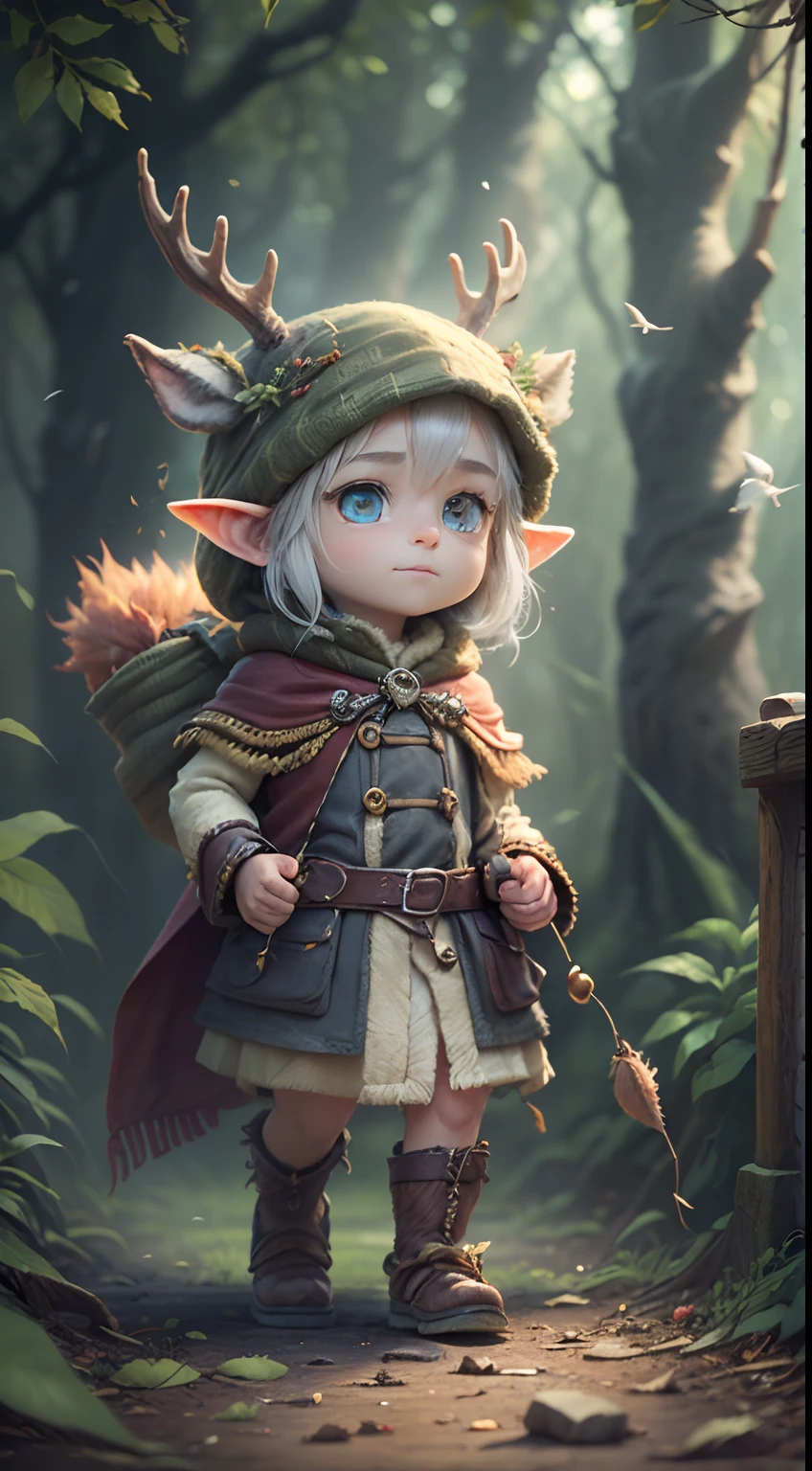 Gnome (British: Gnome), (((Collecting deer hair to lay on the bed)), ((Feathers dropped by birds are the best bedding, so they are happy to collect them)), small men, well-tailored clothes made of hemp, Nordic, blue eyes, full body, fairy exotic gnomes, petite body, dynamic pose but looking away from perspective, (characters living in the forest), (archaic clothes), ( Collect the animal's fallen hair), the character's right arm and hand are fiery spells (the costume is stately but modest), HDR, high resolution, 16:9 ratio, (fine eyes and facial expressions), irregular gray hair, fiery pupils