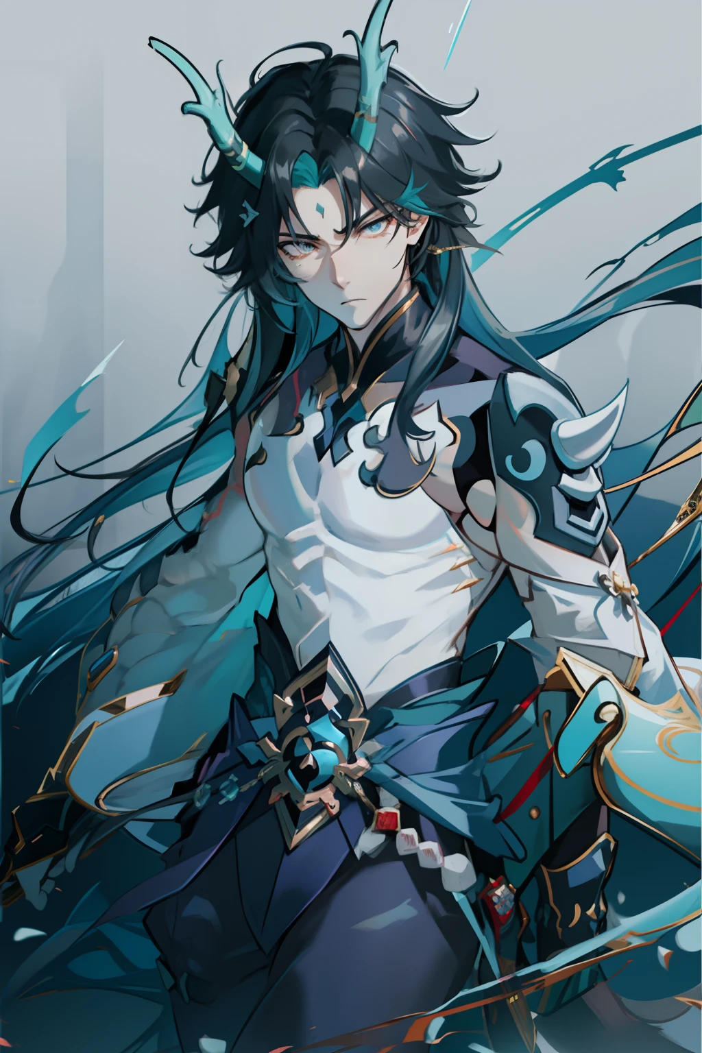 (absurderes,A high resolution,Hyper-detailing,hdr),Dragon's horn,younge boy,tmasterpiece,best qualtiy,1人,独奏,Handsome,Golden eyes,Fine eyes and detailed face,toppless,Tattooed with,arma,Indifferent and arrogant,Abs,chest muscle,Raised sexy,Ruffian,Show your temperament,Male,masculine appeal,Male characteristics are distinct,Long messy hair,Arrogant,self-assured,Majestically holding a spear,Legs crossed,white pantie,supreme,Lazy,Handsome,