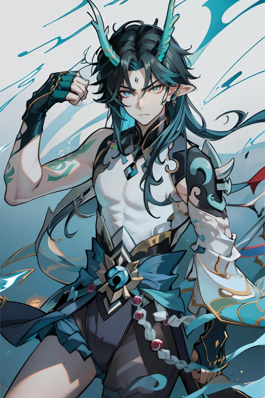 (absurderes,A high resolution,Hyper-detailing,hdr),Dragon's horn,younge boy,tmasterpiece,best qualtiy,1人,独奏,Handsome,Golden eyes,Fine eyes and detailed face,toppless,Tattooed with,arma,Indifferent and arrogant,Abs,chest muscle,Raised sexy,Ruffian,Show your temperament,Male,masculine appeal,Male characteristics are distinct,Long messy hair,Arrogant,self-assured,Majestically holding a spear,Legs crossed,white pantie,supreme,Lazy,Handsome,