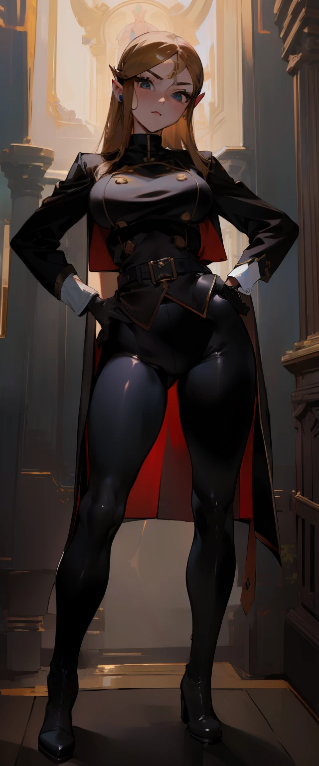 (Masterpiece:1.4), (best quality:1.2), solo,1girl, (from below:0.3), femdom, zelda, (dominatrix:0.6), (white yoga pants), belt,(black knee-high boots), (standing straight,:1.6( military uniform:1.3,(black coat)(seductive:0.7)(smirk:0.6)(evil:0.1), looking at viewer, double-breasted:1.1, (bodysuit:0.2),full body, character design,(medium breasts), black gloves,hands on hip,