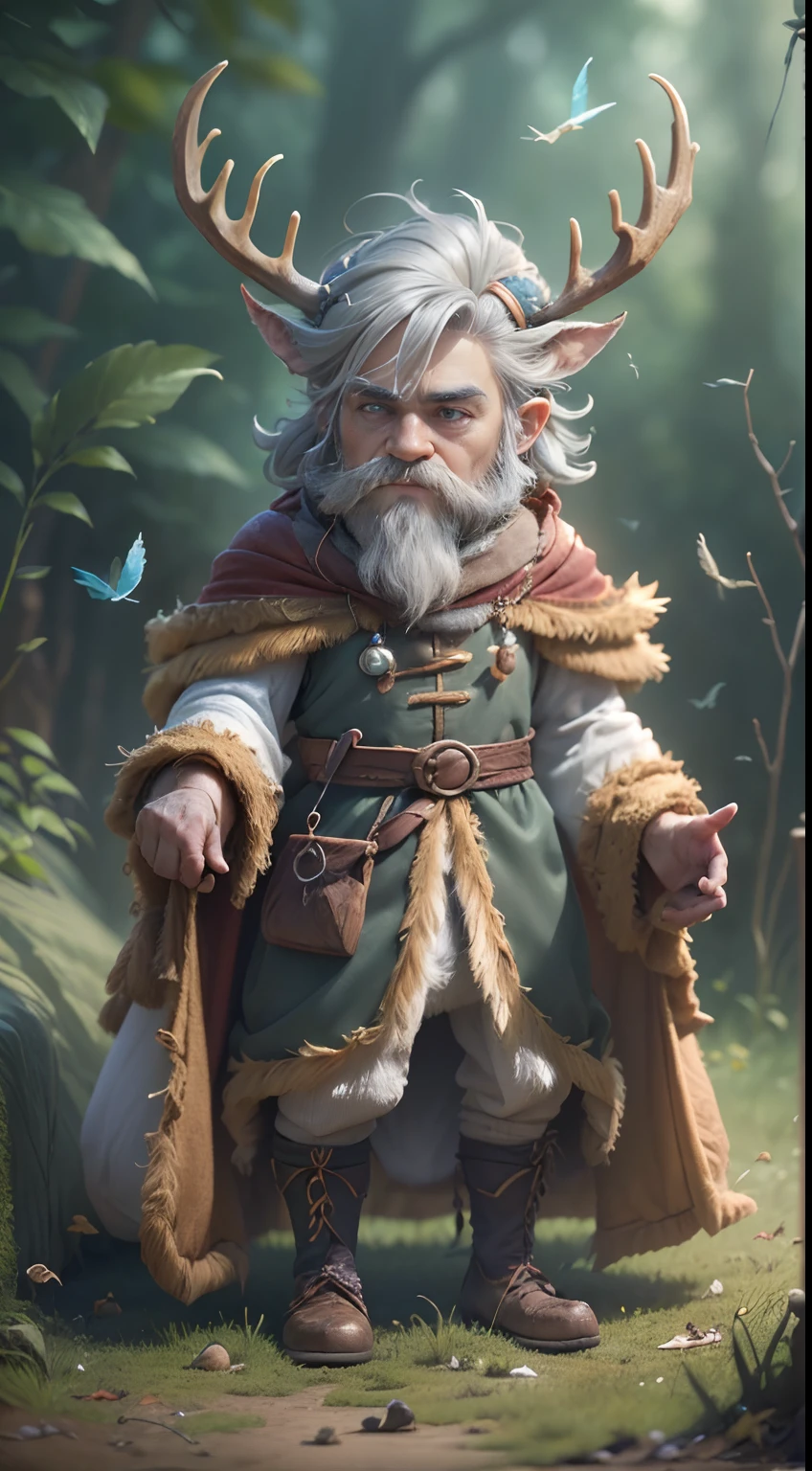 Gnome (British: Gnome), (((Collecting deer hair to lay on the bed)), ((Feathers dropped by birds are the best bedding, so they are happy to collect them)), small men, well-tailored clothes made of hemp, Nordic, blue eyes, full body, fairy exotic gnomes, petite body, dynamic pose but looking away from perspective, (characters living in the forest), (archaic clothes), ( Collect the animal's fallen hair), the character's right arm and hand are fiery spells (the costume is stately but modest), HDR, high resolution, 16:9 ratio, (fine eyes and facial expressions), irregular gray hair, fiery pupils