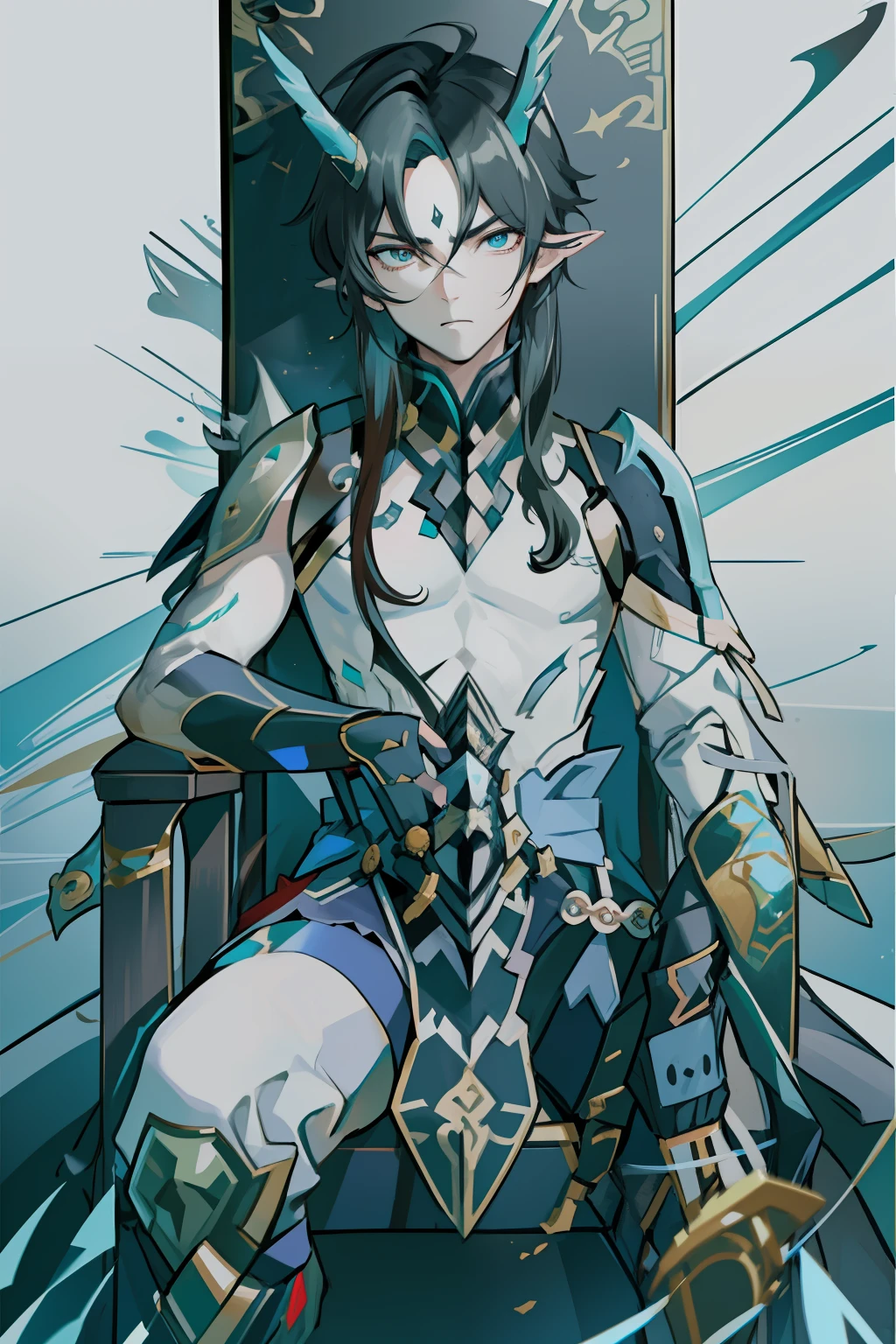 (absurderes,A high resolution,Hyper-detailing,hdr),Dragon's horn,younge boy,tmasterpiece,best qualtiy,1人,独奏,Handsome,Golden eyes,Fine eyes and detailed face,toppless,Tattooed with,arma,seated on a throne,Indifferent and arrogant,Abs,chest muscle,Raised sexy,Ruffian,Show your temperament,Male,masculine appeal,Male characteristics are distinct,Long messy hair,Arrogant,self-assured,Sitting majestically on the throne,Legs crossed,white pantie,supreme,Lazy,Handsome,