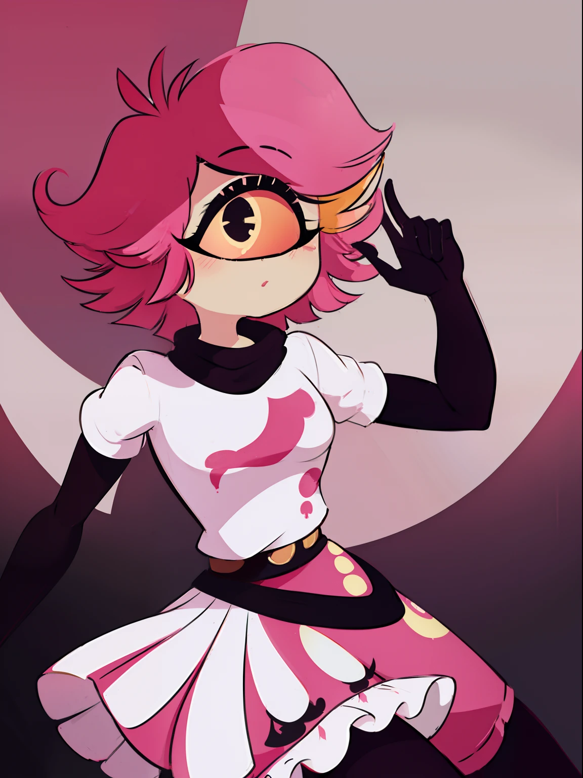 Niffty, 1girl,
(OriginalOutfit), (white shirt, pink skirt, gloves, black tights), cyclops, portrait, perfect anatomy