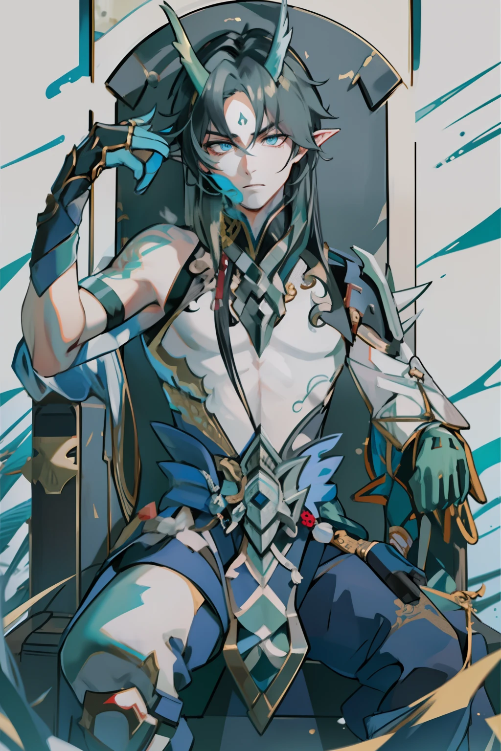 (absurderes,A high resolution,Hyper-detailing,hdr),Dragon's horn,younge boy,tmasterpiece,best qualtiy,1人,独奏,Handsome,Golden eyes,Fine eyes and detailed face,toppless,Tattooed with,arma,seated on a throne,Indifferent and arrogant,Abs,chest muscle,Raised sexy,Ruffian,Show your temperament,Male,masculine appeal,Male characteristics are distinct,Long messy hair,Arrogant,self-assured,Sitting majestically on the throne,Legs crossed,white pantie,supreme,Lazy,Handsome,