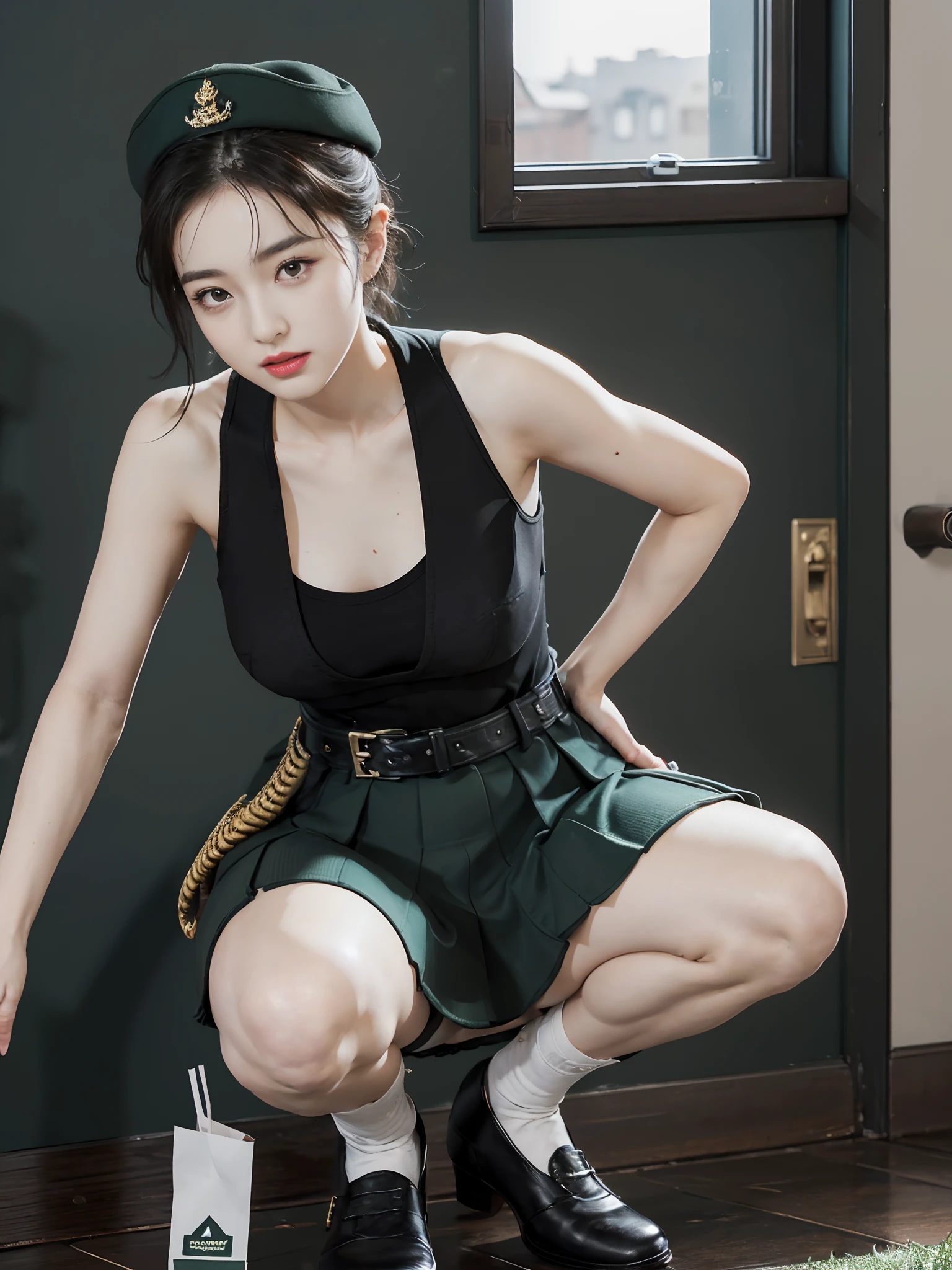 Very detailed CG unity 8K wallpaper，（tmasterpiece），（best qualtiy），（ultra - detailed），（Ultra photo realsisim），（best character detail：1.36），Nikon D750 f / 1.4 55mm，profesional lighting， physically-based renderingt, 1girll, Female soldier，army suit，Green military uniform，Fabric texture military uniform，Dark green tie，Army green skirt，military hat，Black hair，the golden ratio,[:(com rosto detalhado:1.2):0.2]:,PureErosFace_V1, broad shoulder,(Bigchest:1.5),(big assa:1.5)，Wide buttock ，Bare legged，Plump legs，Move the center of gravity back，Squat on the grass，Spread your legs apart，The skirt covers the bottom of the skirt，whitestocking，Small black leather shoes，hands lying on thighs，Soaked with sweat，red flags，At the cafe，Night Street，bright sun，Look at the audience from the front，Bright smile，White teeth，lighting，Contre-Jour，