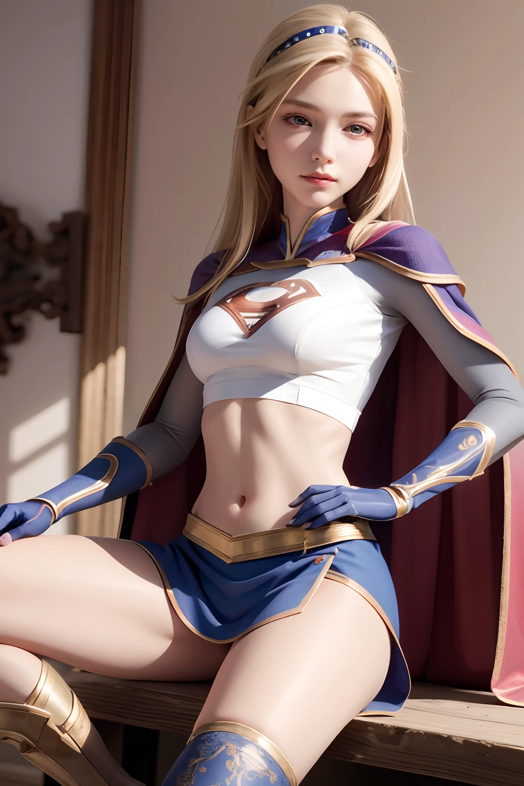 8k, real picture, intricate details, ultra-detailed,(photorealistic), 
Supergirl, long blonde hair, midair, flying hairband, \(white\) crop top, short sleeves, cape, blue pencil skirt, gloves, boots BREAK 
detailed (wrinkles, folds!, viens, skin imperfections:0.1),
finely detailed beautiful eyes, close-up, small eyes, look at viewer,
