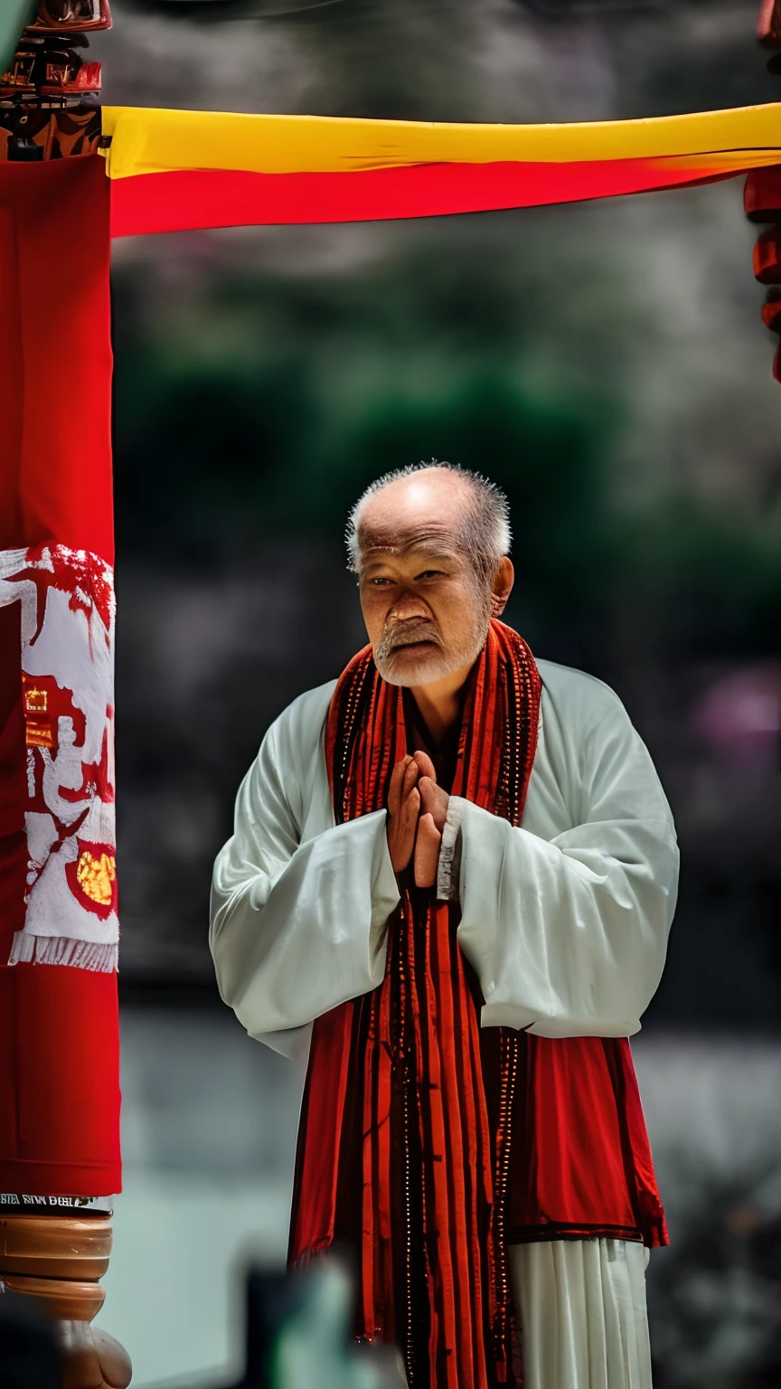 An 8K ultra-realistic RAW photo，Han Chinese，A bald old man，Wearing a robe with red and yellow panels，Buddha，Prayer beads，temple，真实感，超高分辨率