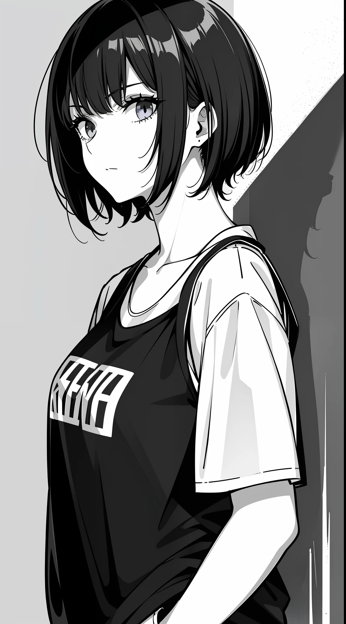 girl, side portrait, black and white, messy short hair, edgy accessories,sporty style, casual t-shirt, confident gaze, monochrome color scheme, looking to the side, chic street fashion, casual hands in pockets pose,head