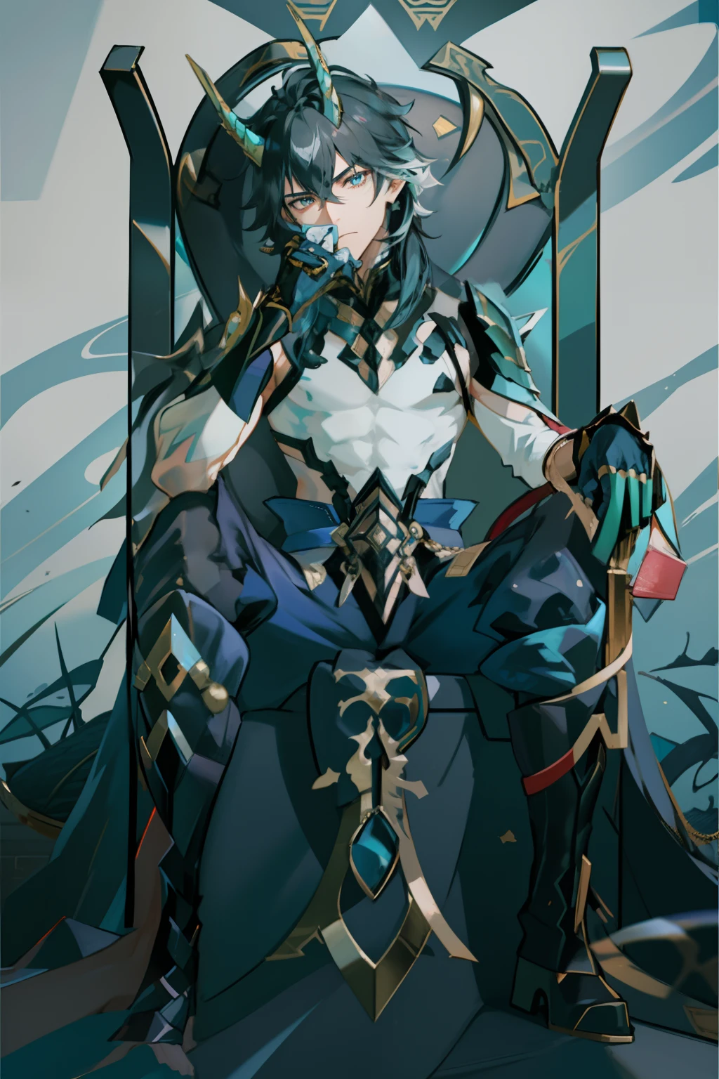 (absurderes,A high resolution,Hyper-detailing,hdr),Dragon's horn,younge boy,tmasterpiece,best qualtiy,1人,独奏,Handsome,Golden eyes,Fine eyes and detailed face,toppless,Tattooed with,arma,seated on a throne,Indifferent and arrogant,Abs,chest muscle,Raised sexy,Ruffian,Show your temperament,Male,masculine appeal,Male characteristics are distinct,Long messy hair,Arrogant,self-assured,Sitting majestically on the throne,Legs crossed,white pantie,supreme,Lazy,Handsome,