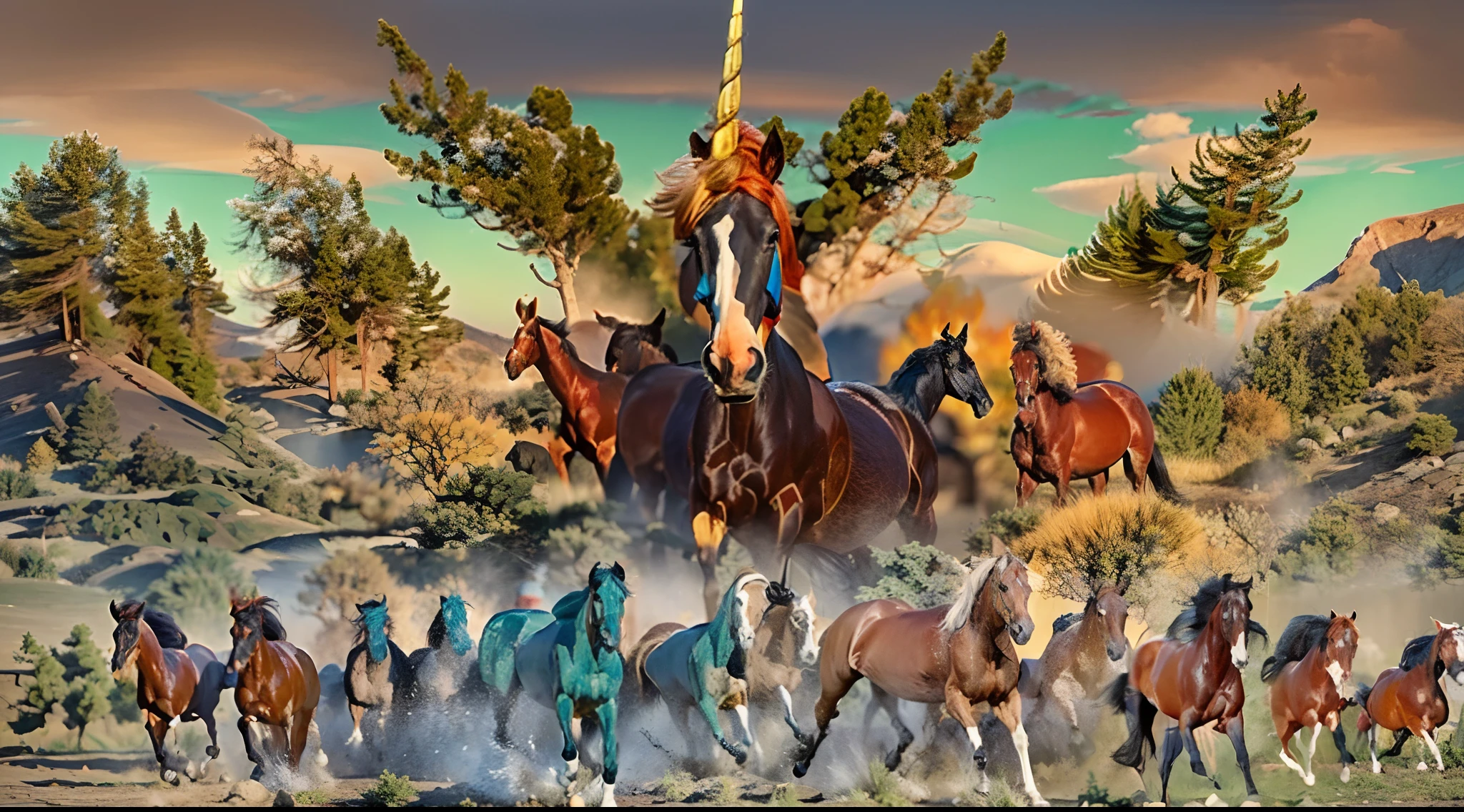 8horses，Ultra-grand scenes，super wide shot，1#cavalos，2#cavalos，3#cavalos，4#cavalos，5#cavalos，6#cavalos，7#cavalos，8#cavalos。Eight extremely special and rare horses surround each other，A large herd of horses galloped ahead，Gallop across the steppe like a clock。The vast plains of the epic scene are rich in aquatic plants，In the distance is the snow-capped summit of Mount Everest，Snow creek flows into the sea，At the other end is the magnificent giant city，The horse team entered and exited from the direction of the city gate。The first is the Light Casting Pegasus from the Supreme Heaven, which has a rainbow aperture from the Supreme Heaven，She rides between light and pure，No additional ornaments are needed to highlight her dignity and holiness，Even the sky showed her a clear sky，She has a deep enmity with the nightmare heavy ride from hell，The two never put their heads next to each other。Surrounded by sulphurous flames, the Hellmare Heavy Ride makes every time a horse's hooves fall, stepping flat grass out of the lava from the ground。The sky of the steppe is brighter because of the rainbow，And lava makes the earth deeper。The wind wings of the wind elf horse let its position be erratic，She carries a cyan aperture lightly and always can't help but tease the mechanical horse。The mechanical horse is full of mecha beauty，The shoulder back position always reveals delicate mechanical fittings，Four kicks with a hydraulic pump and electromagnetic ejection device。Unicorns want to steal all the horses' limelight with their pure and flawless beauty，Her unicorn flashed with the power of thunder。But on the side, the fairy dragon horse is comparing with it，The fairy dragon is full of small stars shining with magical brilliance。Their unique elven-patterned armor and colorful saddles make them the most stylish horses。The female knight is charging on her knightly warhorse，Her lofty ideals made her will unstoppable，There is no doubt that she is the protagonist of this picture。And a chaotic