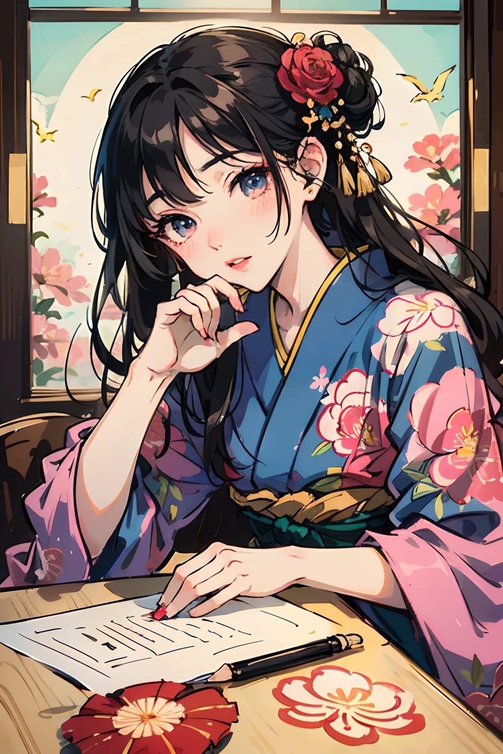 master-piece,hyper quality,hyper detailed,perfect drawing,solo、kimono beauty,kimono,black hair,japanese hair,half-open lips,sink eyes,elegant,splendid,beautiful,blush (0.2), glittering, beautiful, gorgeous, gentle, forward light, natural light, flowers and birds wind moon, Japanese-style room, lipstick painting gesture with index finger, accurate drawing, detailed drawing, --auto --s2