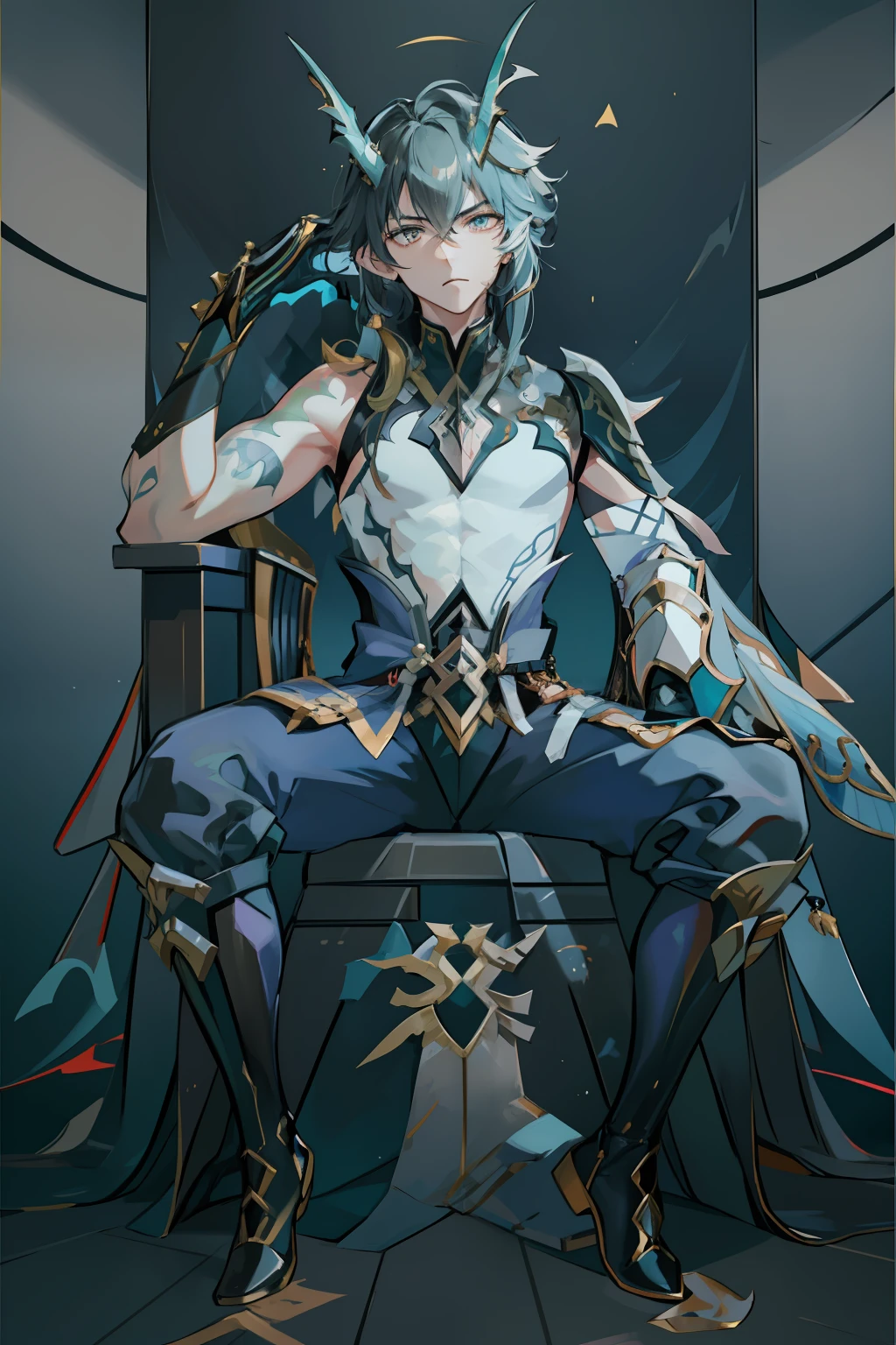 (absurderes,A high resolution,Hyper-detailing,hdr),Dragon's horn,younge boy,tmasterpiece,best qualtiy,1人,独奏,Handsome,Golden eyes,Fine eyes and detailed face,toppless,Tattooed with,arma,seated on a throne,Indifferent and arrogant,Abs,chest muscle,Raised sexy,Ruffian,Show your temperament,Male,masculine appeal,Male characteristics are distinct,Long messy hair,Arrogant,self-assured,Sitting majestically on the throne,Legs crossed,white pantie,supreme,Lazy,Handsome,