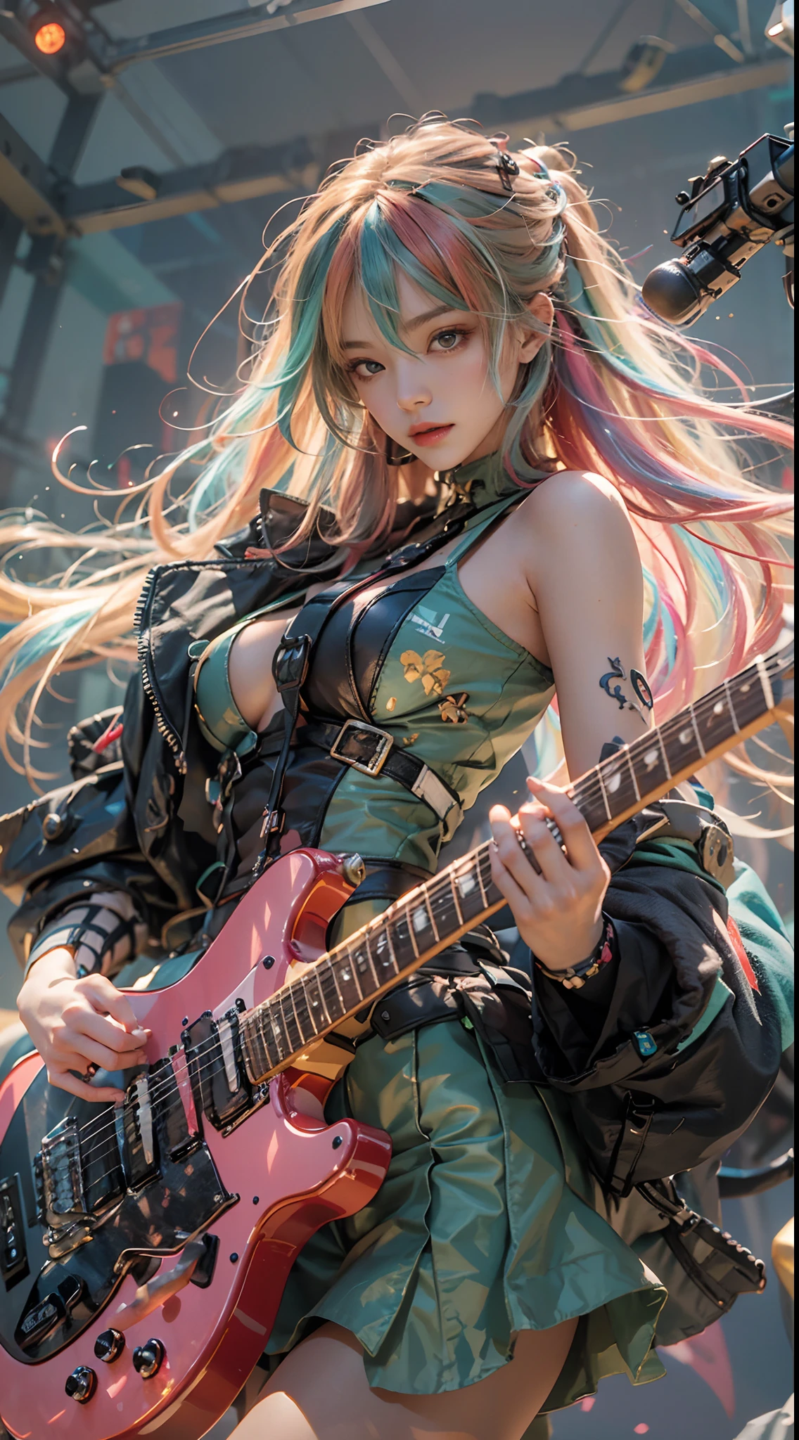 Goji,idoly,1girll, Long colored hair, Wear sexy miniskirt outfits, Hold the red microphone,An electric guitar hangs from his chest,Stand in front of the half-body Gundam mech and sing, Colorful spotlights,Spotlights,Stage,ssmile,Active off-stage audience,Chiaroscuro, Cinematic lighting, Ray tracing, afterimage, hyper HD, Masterpiece, ccurate, A high resolution, High quality, High details, Award-Awarded, 8K,Girl