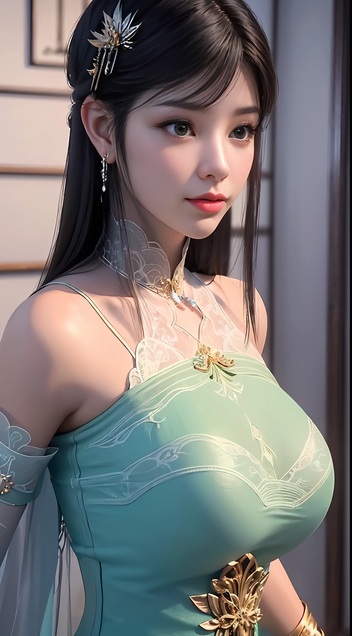 ultra realistic 8k cg, flawless, clean, masterpiece, professional artwork, famous artwork, cinematic lighting, cinematic bloom, perfect face, beautiful face, fantasy, dreamlike, unreal engine 5, science fiction, lace, lace trim, lace-trimmed legwear, luxury, jewelry, diamond, gold, pearl, gem, sapphire, ruby, emerald, intricate detail, delicate pattern, charming, alluring, seductive, erotic, enchanting, (front bangs hair:1.5), hair ornament, necklace, earrings, bracelet, armlet, autumn.
((,1girl, pov,best quality,)) ,((((,1girl, solo, huge fake breasts:1.5, goddess green dress, half body, looking at viewer, standing))))