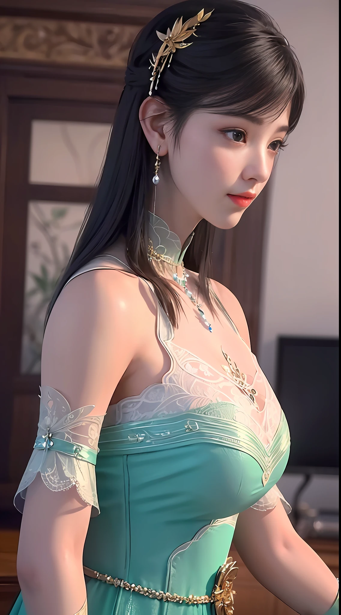 there is a woman that is posing for a picture in a dress, Guviz-style artwork, soft 3d render, Soft portrait shot 8 K, soft digital painting, digital art of an elegant, Soft portrait, Realistic. Cheng Yi, [ 4 K photorealism ]!!!, [ 4 K photorealism ]!!, soft render（closeup cleavage：1.5），（sface focus：2），（???? ???styled:1.5),
（（Lateral face：2）），（1女孩被soft_Light：1.5包围），（The light from the back window is backlighted：1.8），（illuminating），（Flowing fabric：1.3），（（Floral_Summer_dress：1.5），（straw_Hat：1.3）），
（tmasterpiece）， realisticlying， hdr， highly  detailed， 8K， RAW photogr，
Environmental occlusion，naturey，Harmonious composition，a warm color palette，fine art photography, (Masterpiece:1.3), (Best_quality:1.3), (Supergianthugebreasts_Detailed:1.3), 8K, extremely_Clear, Realism, (Ultra photo realsisim:1.3),，