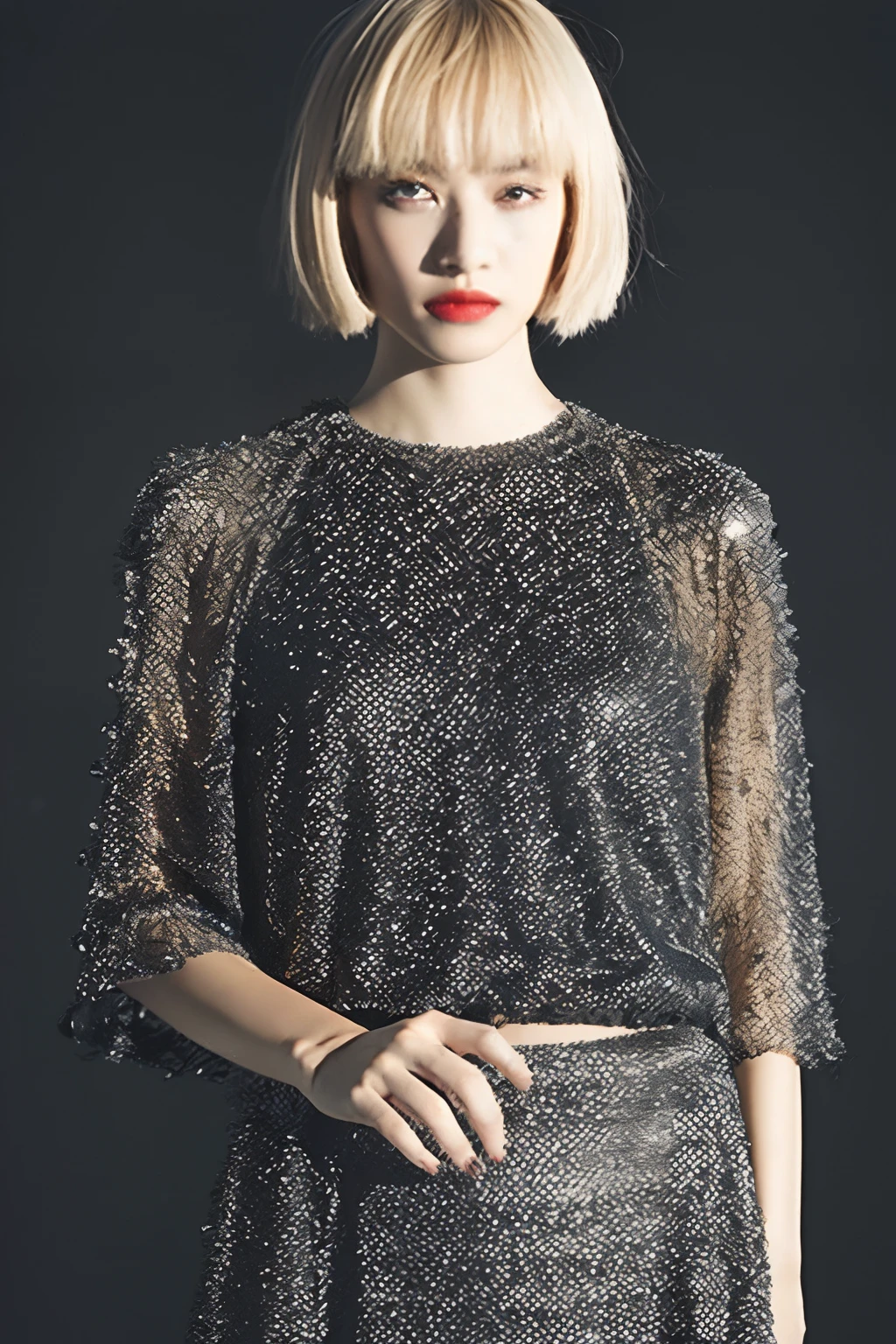 (Detailed full body RAW photo of woman: 1.5), ((masutepiece, of the highest quality, High Definition)), 1 girl, (Photorealistic: 1.4), solo, pure white background, avant-garde makeup, (geometric Short Hair, Black Hair Color and Blonde Section Color: 1.4),(Modest Fashion, VOGUE Style, Yohji Yamamoto, Black Clothes, Metallic Material: 1.2)