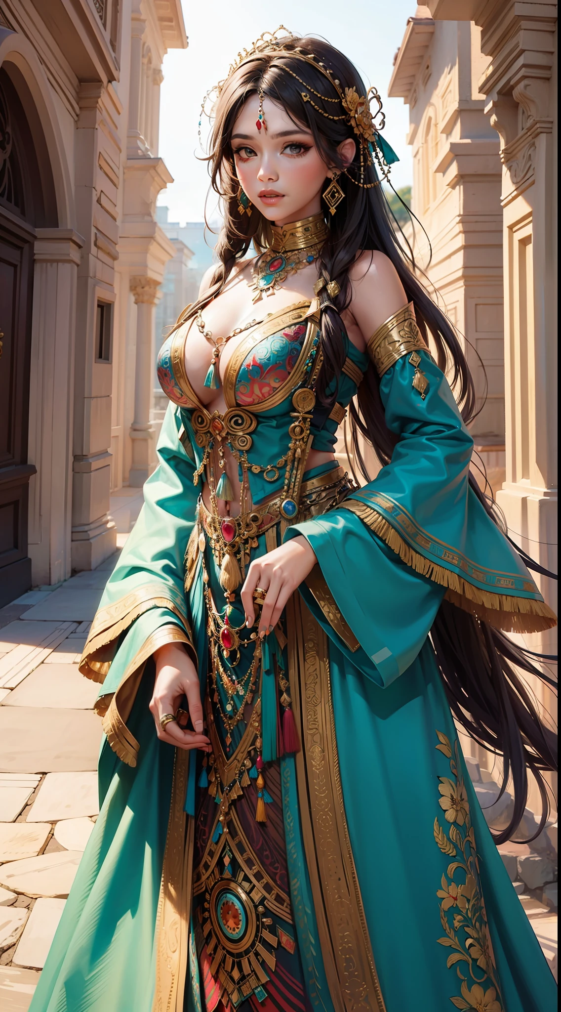 Beautiful woman in intricate Boho Psychedelic Outfit