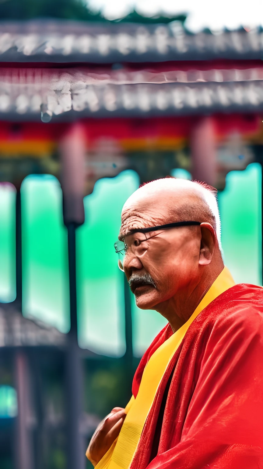 An 8K ultra-realistic RAW photo，Han Chinese，A bald old man，Wearing a robe with red and yellow panels，Buddha，Prayer beads，temple，真实感，超高分辨率