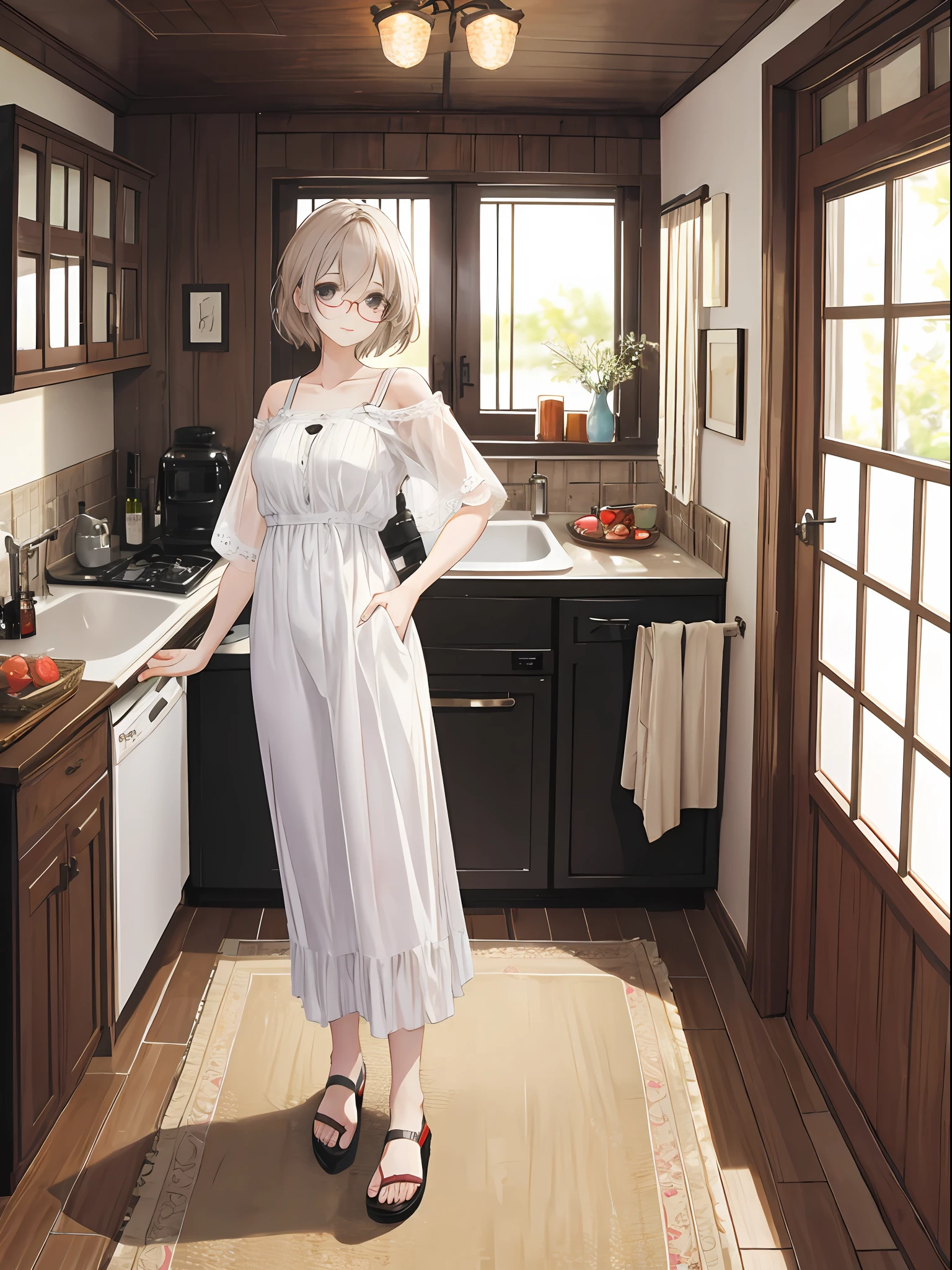 Full body photo of beautiful ite sexy woman wearing round glasses、Summer clothes、vila、country、in a house、Playful、greedy