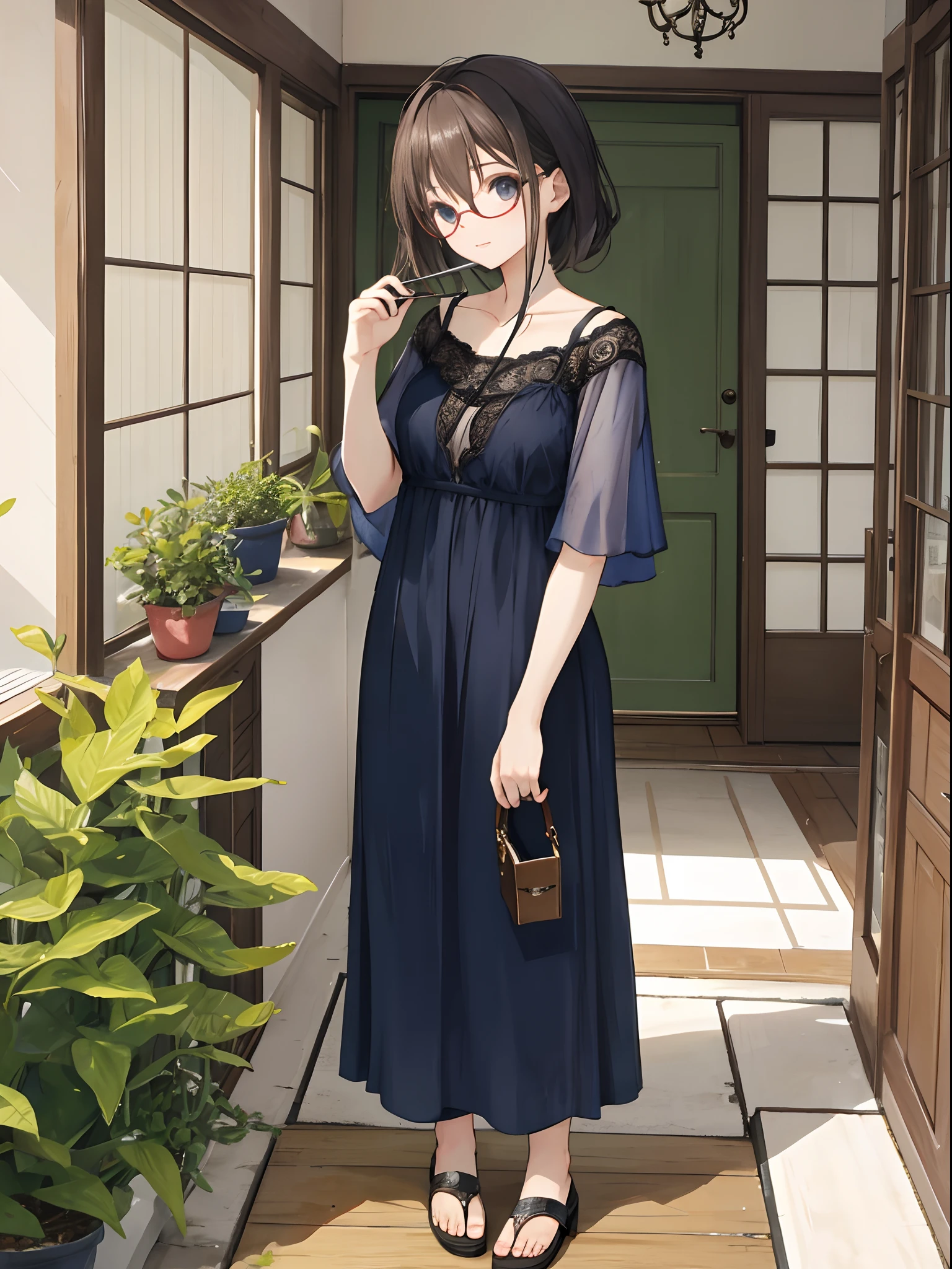 Full body photo of beautiful ite sexy woman wearing round glasses、Summer clothes、vila、country、in a house、Playful、greedy