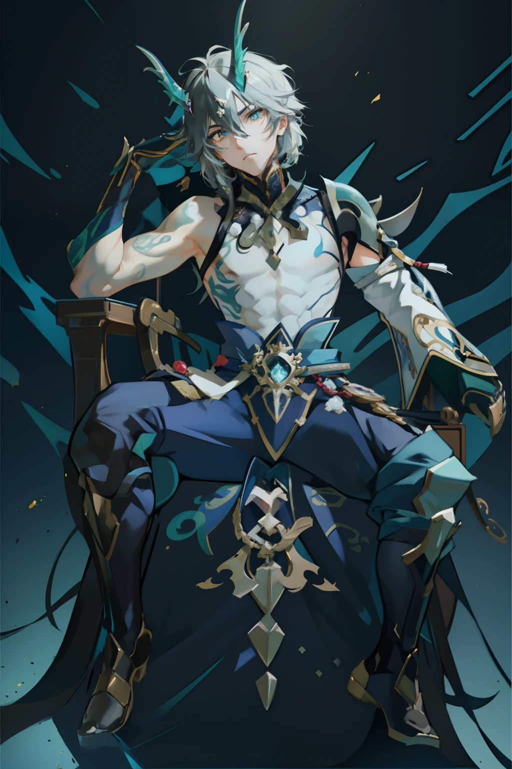 （absurderes，A high resolution，Hyper-detailing，hdr），Dragon's horn，younge boy，tmasterpiece，best qualtiy，1人，独奏，Handsome，Golden eyes，Fine eyes and detailed face，toppless，Tattooed with，arma，seated on a throne，Indifferent and arrogant，Abs，chest muscle，Raised sexy，Ruffian，Show your temperament，Male，masculine appeal，Male characteristics are distinct，Long messy hair，Arrogant，self-assured，Sitting majestically on the throne，Legs crossed，white pantie，supreme，Lazy，Handsome，