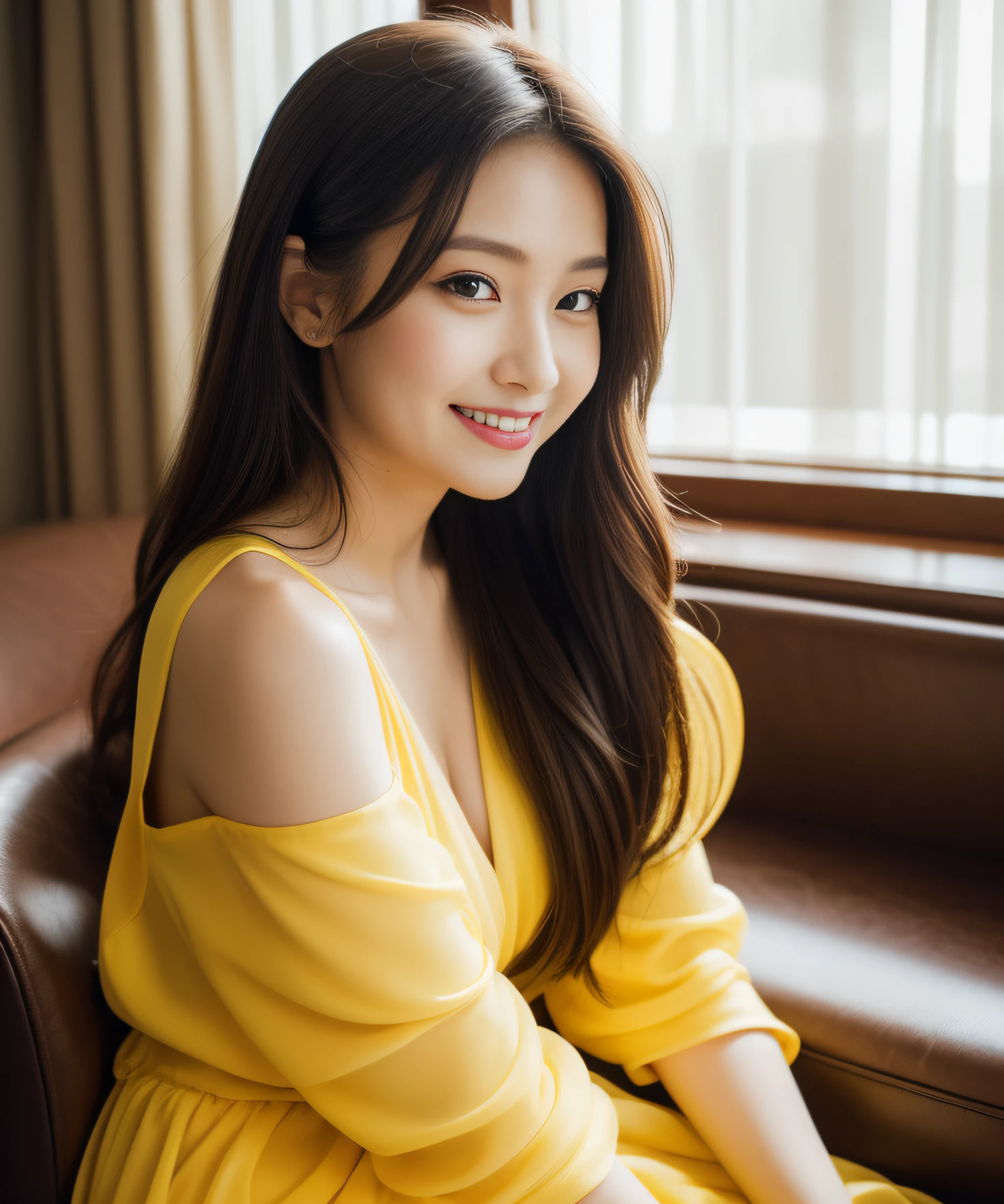 ((best quality, 8K, masterpiece: 1.3)), beautiful girl, pure, melon face, kind and cute, sweet smile, pure desire, slender body, (front), (tilted head), back view, Yellow dress , long black silky straight hair, long flowing shoulders, round black big eyes, clear big eyes, moist red lips, sweet, sitting in a hotel chair, hotel window sill background, ((whole body )),