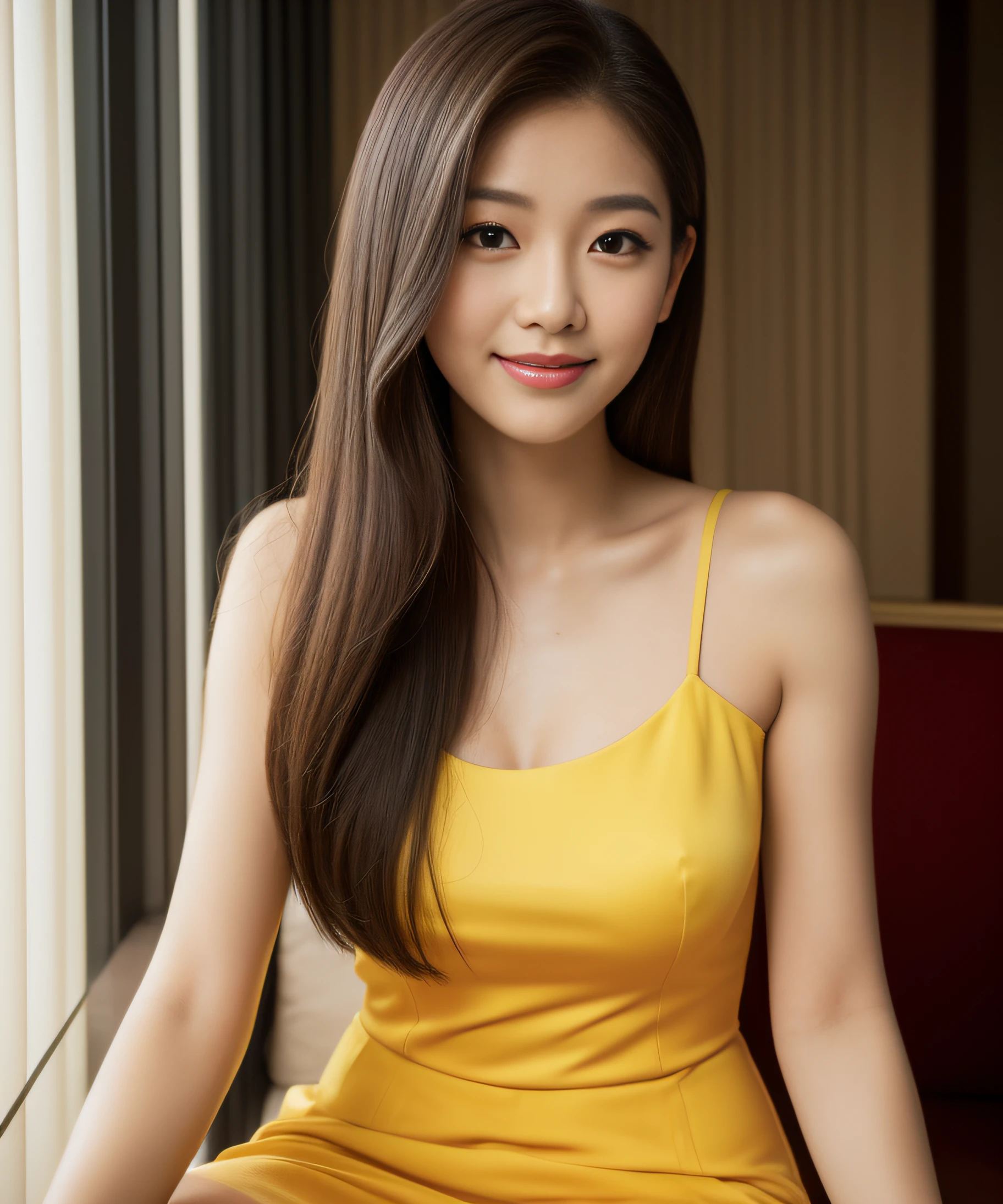 A woman in a yellow dress sitting on a red couch - SeaArt AI