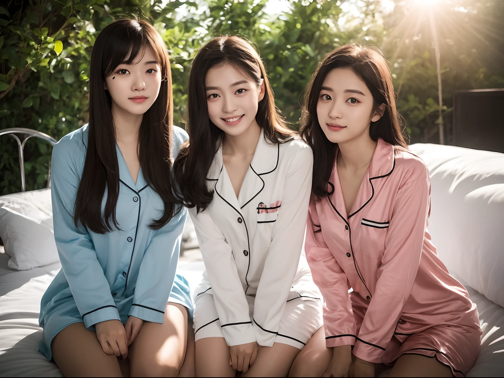 Best quality,tmasterpiece,Kizi,Black hair,黑The eye,pyjamas,Duan,Beds,and the sun was shining brightly,shiny skins,sunflare