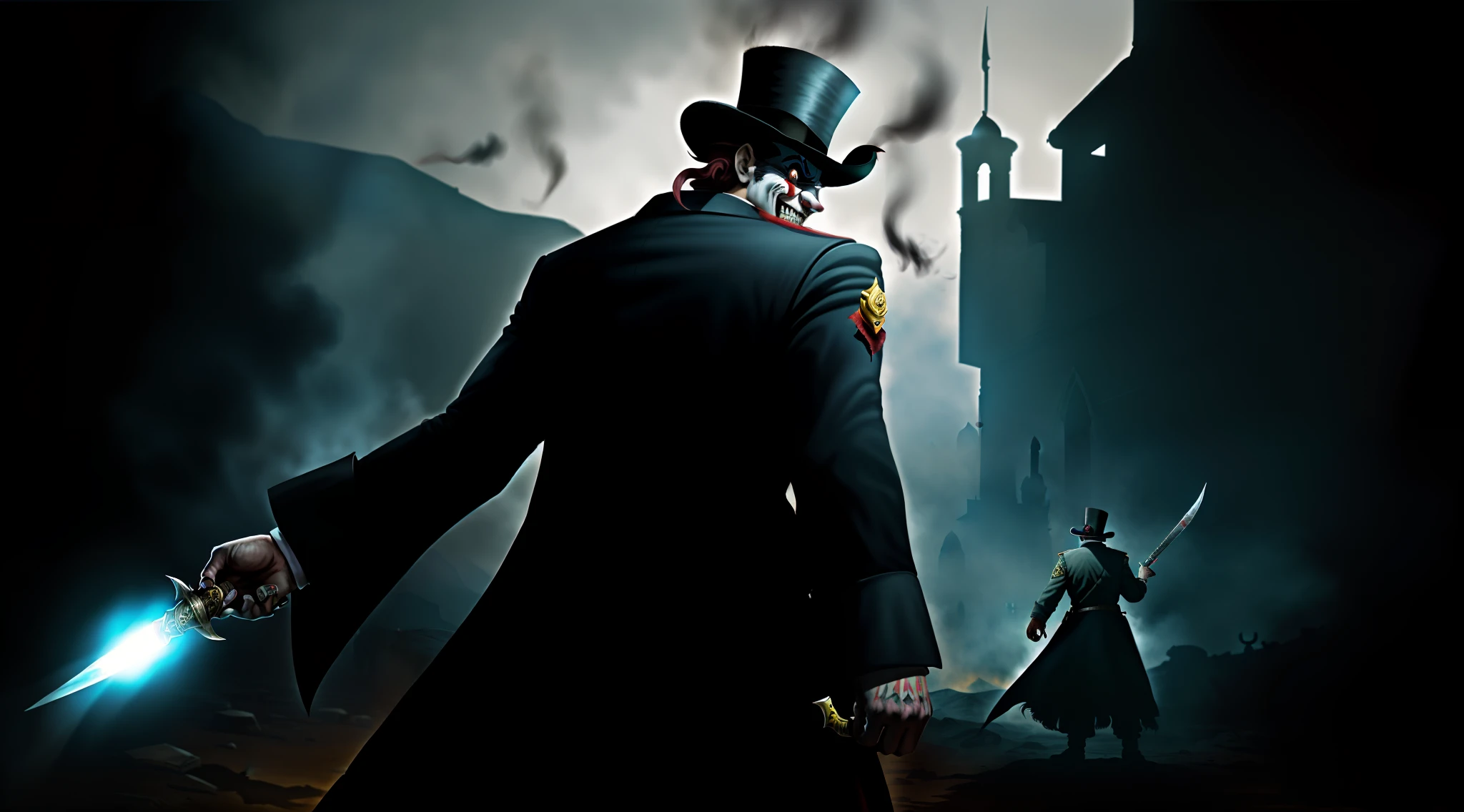 On the battlefield of gunsmoke,Middle east,the night,mosque,A clown with a twisted smile,The demons,With two daggers,Wearing a top hat,Assassination in the flank and rear of Muslims,Scared soldiers,shadowing,assassins,assassination,character splash art,The art of assassination