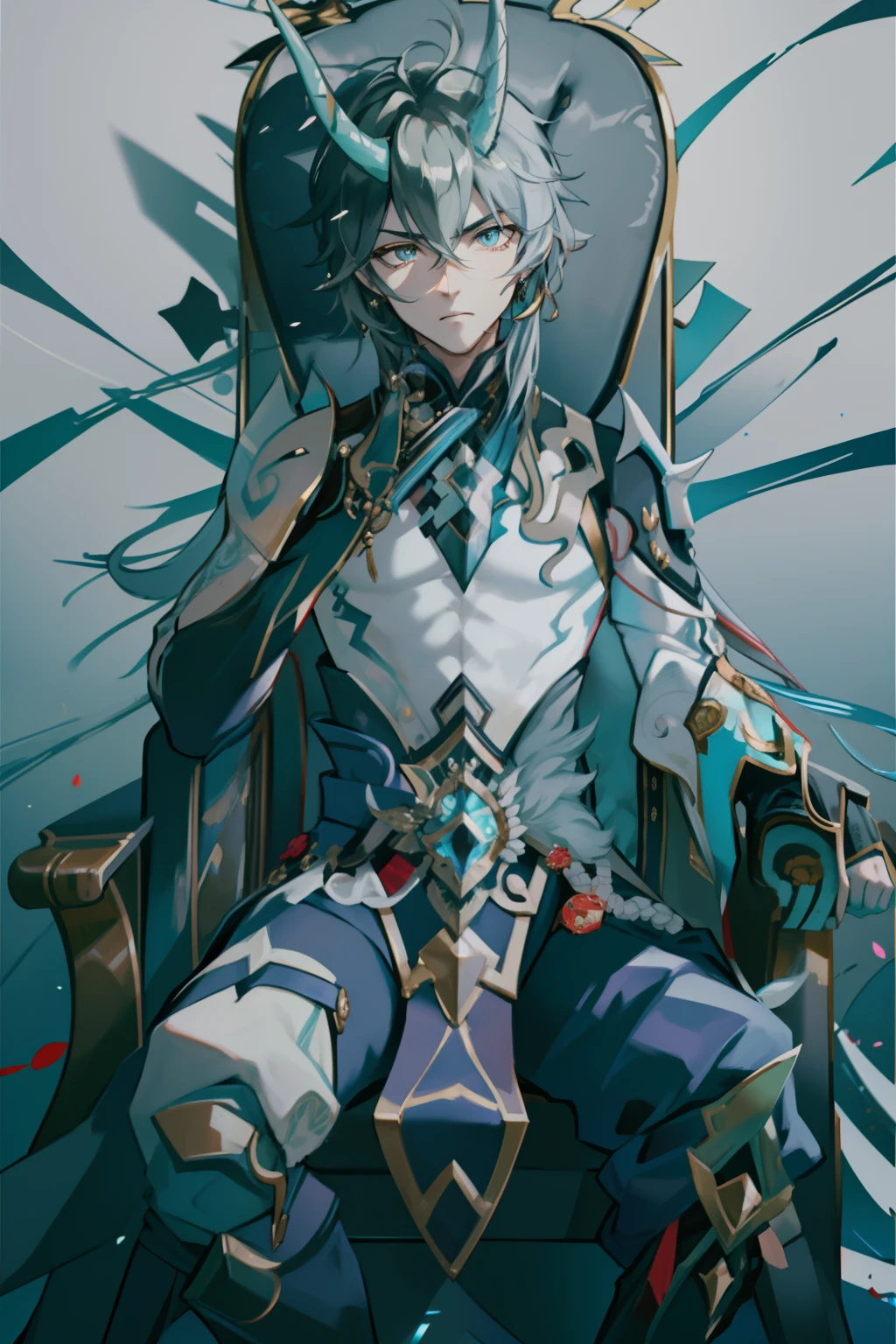 (absurderes,A high resolution,Hyper-detailing,hdr),Dragon's horn,younge boy,tmasterpiece,best qualtiy,1人,独奏,Handsome,Golden eyes,Fine eyes and detailed face,toppless,Tattooed with,arma,seated on a throne,Indifferent and arrogant,Abs,chest muscle,Raised sexy,Ruffian,Show your temperament,Male,masculine appeal,Male characteristics are distinct,Long messy hair,Arrogant,self-assured,Sitting majestically on the throne,Legs crossed,white pantie,supreme,Lazy,Handsome,