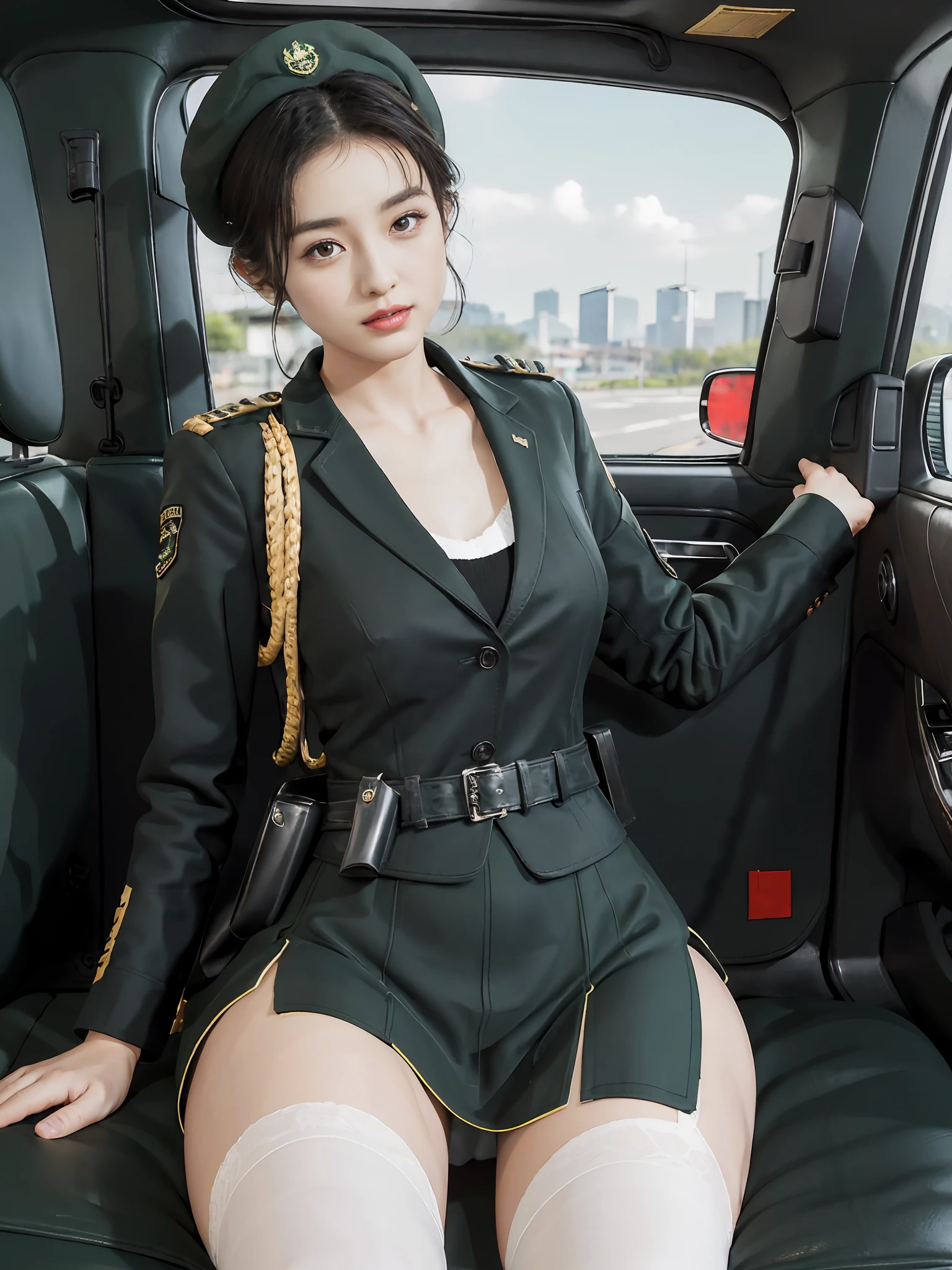 Very detailed CG unity 8K wallpaper，（tmasterpiece），（best qualtiy），（ultra - detailed），（Ultra photo realsisim），（best character detail：1.36），Nikon D750 f / 1.4 55mm，profesional lighting， physically-based renderingt, 1girll, Female soldier，army suit，Green military uniform，Fabric texture military uniform，Dark green tie，Army green skirt，military hat，Black hair，the golden ratio,[:(com rosto detalhado:1.2):0.2]:,PureErosFace_V1, broad shoulder,(Bigchest:1.5),(big assa:1.5)，Wide buttock ，Bare legged，Plump legs，Move the center of gravity back，Squat on the grass，Spread your legs apart，The skirt covers the bottom of the skirt，whitestocking，Small black leather shoes，hands lying on thighs，Soaked with sweat，red flags，At the cafe，Night Street，bright sun，Look at the audience from the front，Bright smile，White teeth，lighting，Contre-Jour，